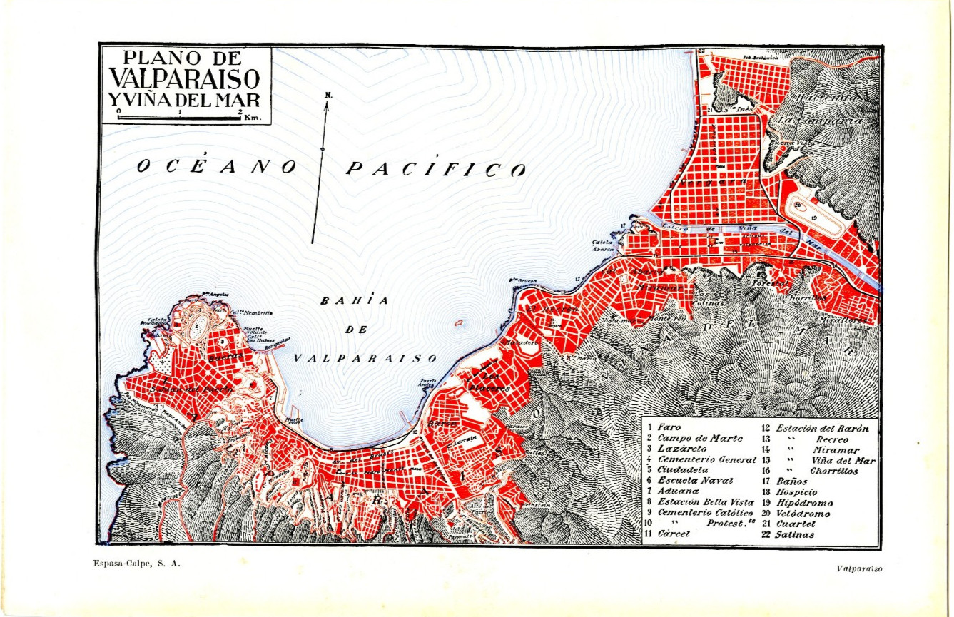 1920s Antique Map Valparaiso Chile Pacific Ocean View Retro Wall Decor