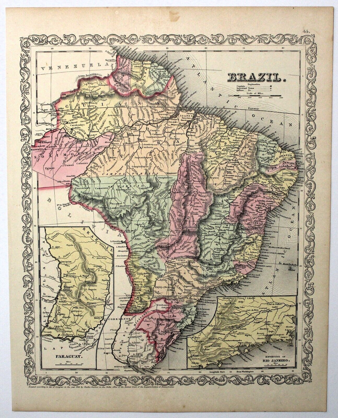 1857 Map of Brazil Original Hand Colored Lithograph Desilver Atlas Antique