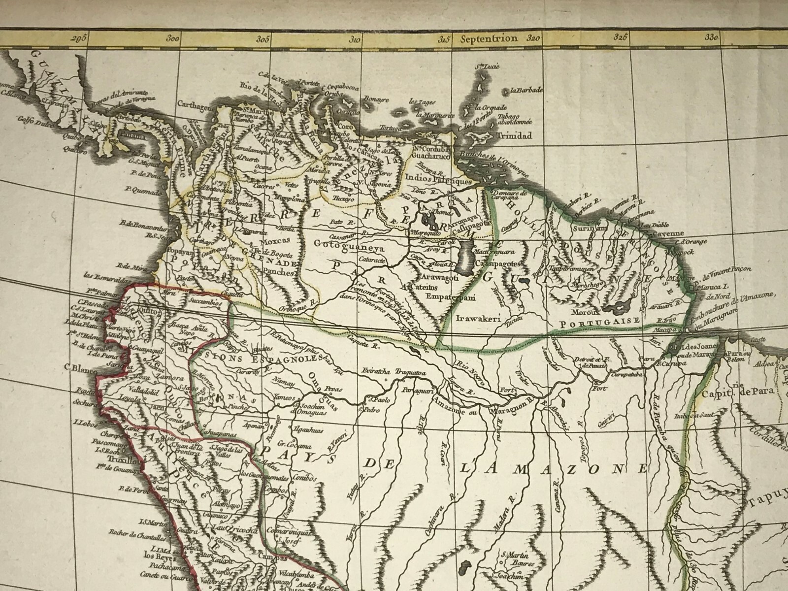 SOUTH AMERICA 1750 ROBERT DE VAUGONDY LARGE ANTIQUE MAP IN COLORS 18TH CENTURY