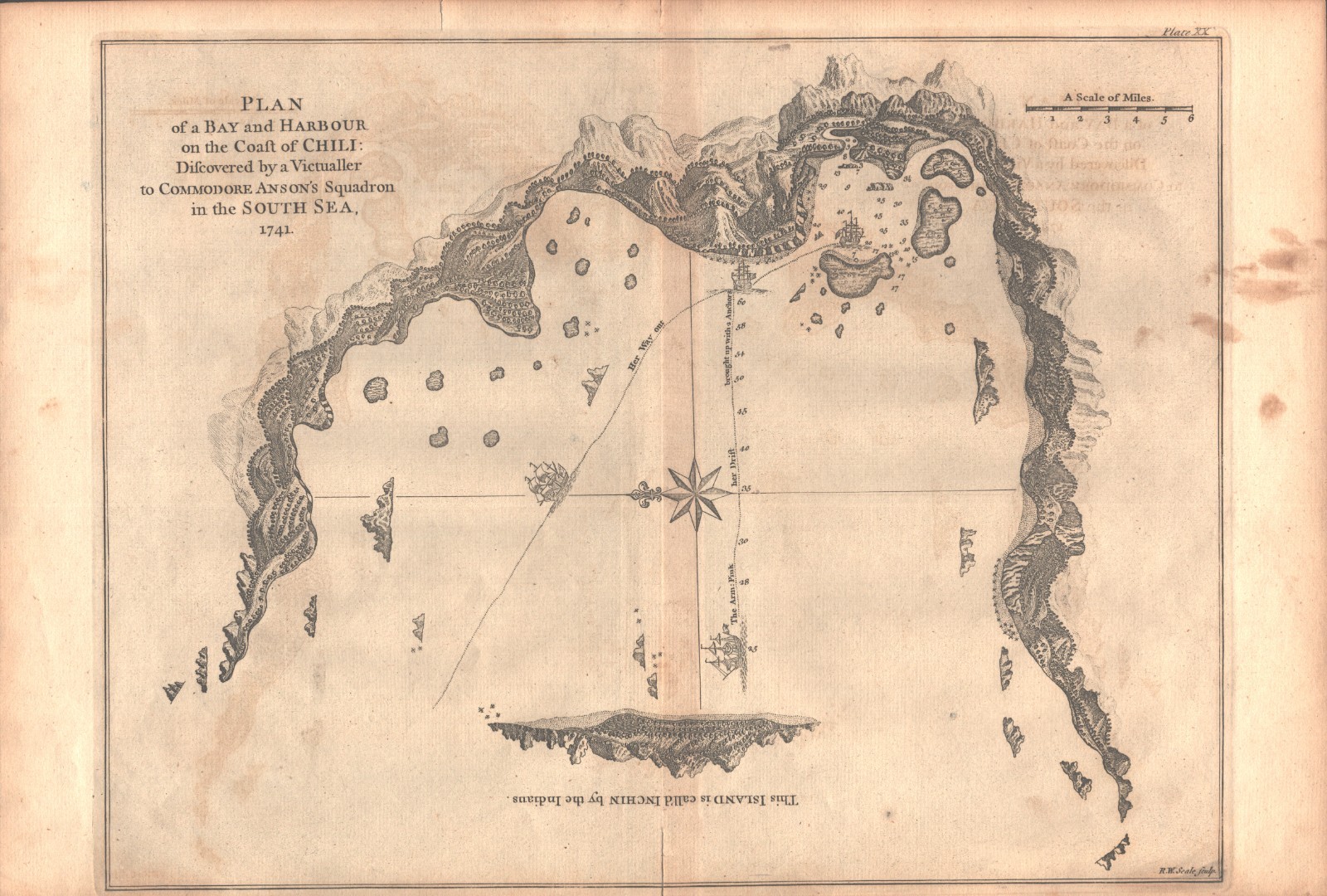 Anson’s voyages. Chart of a harbour in Chile 1741. Published 1748.