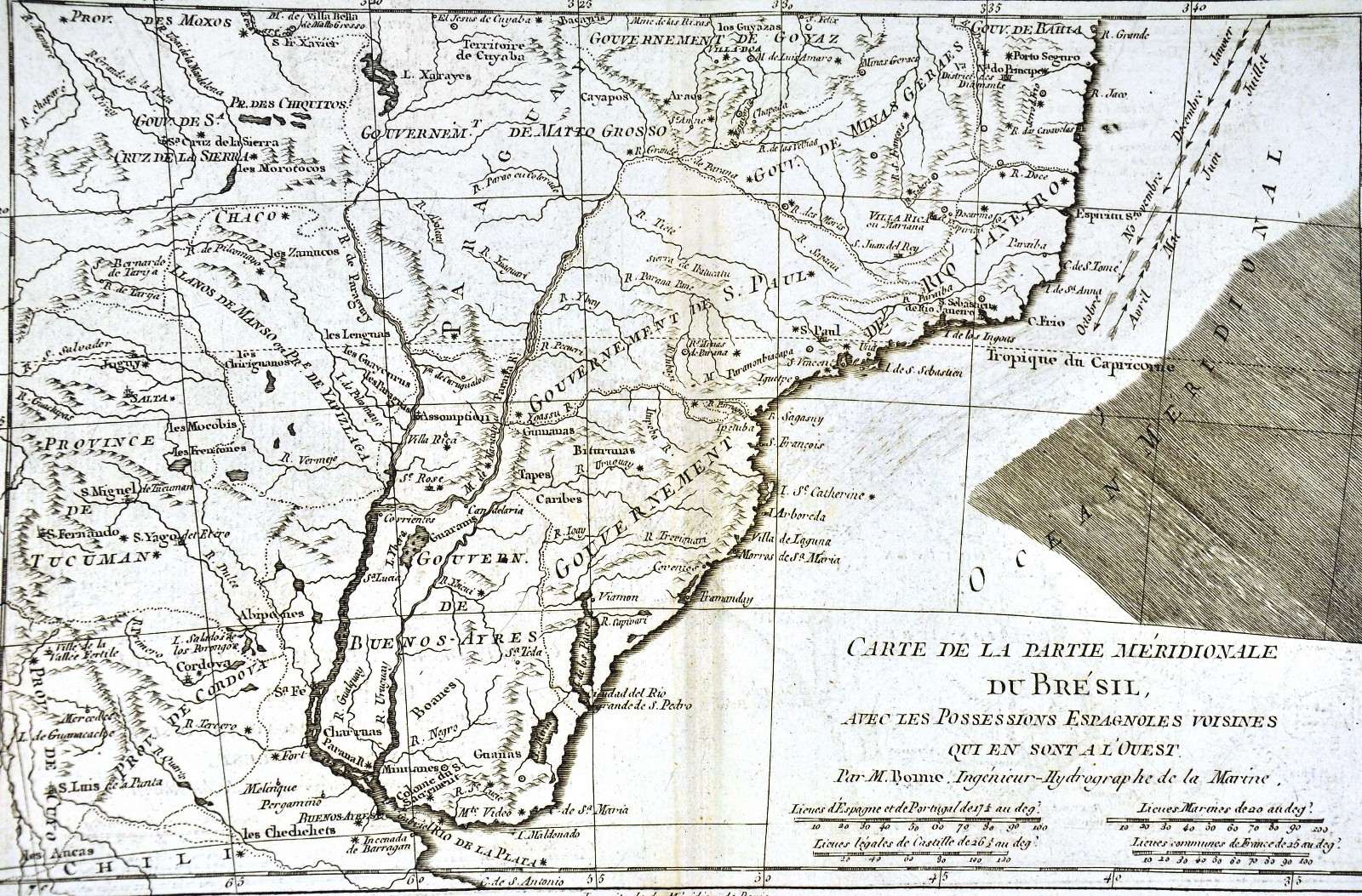 1779 Bonne Map – Southeast Brazil Rio de Janeiro Uruguay Paraguay Argentina
