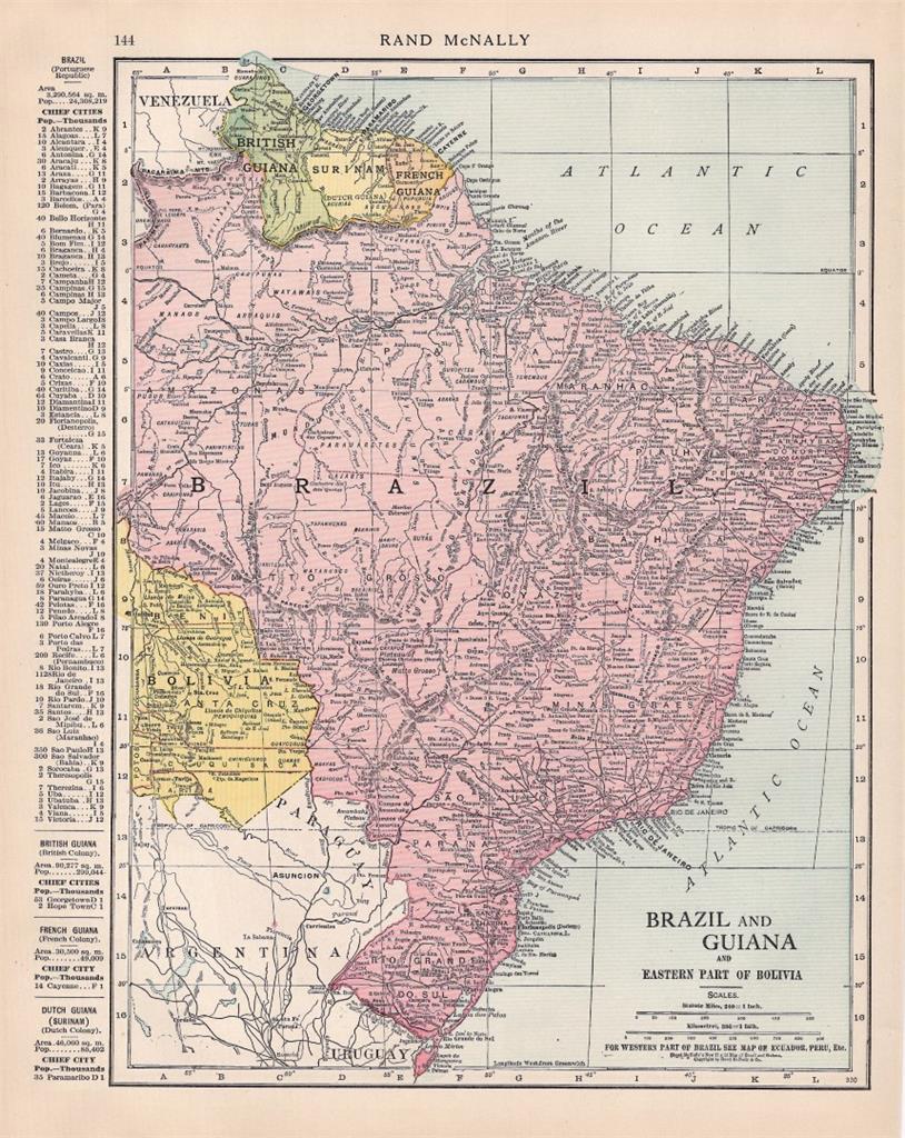 1916 RAND MCNALLY IDEAL ATLAS OF THE WORLD-MAP OF BRAZIL-GUIANA-EASTERN BOLIVIA