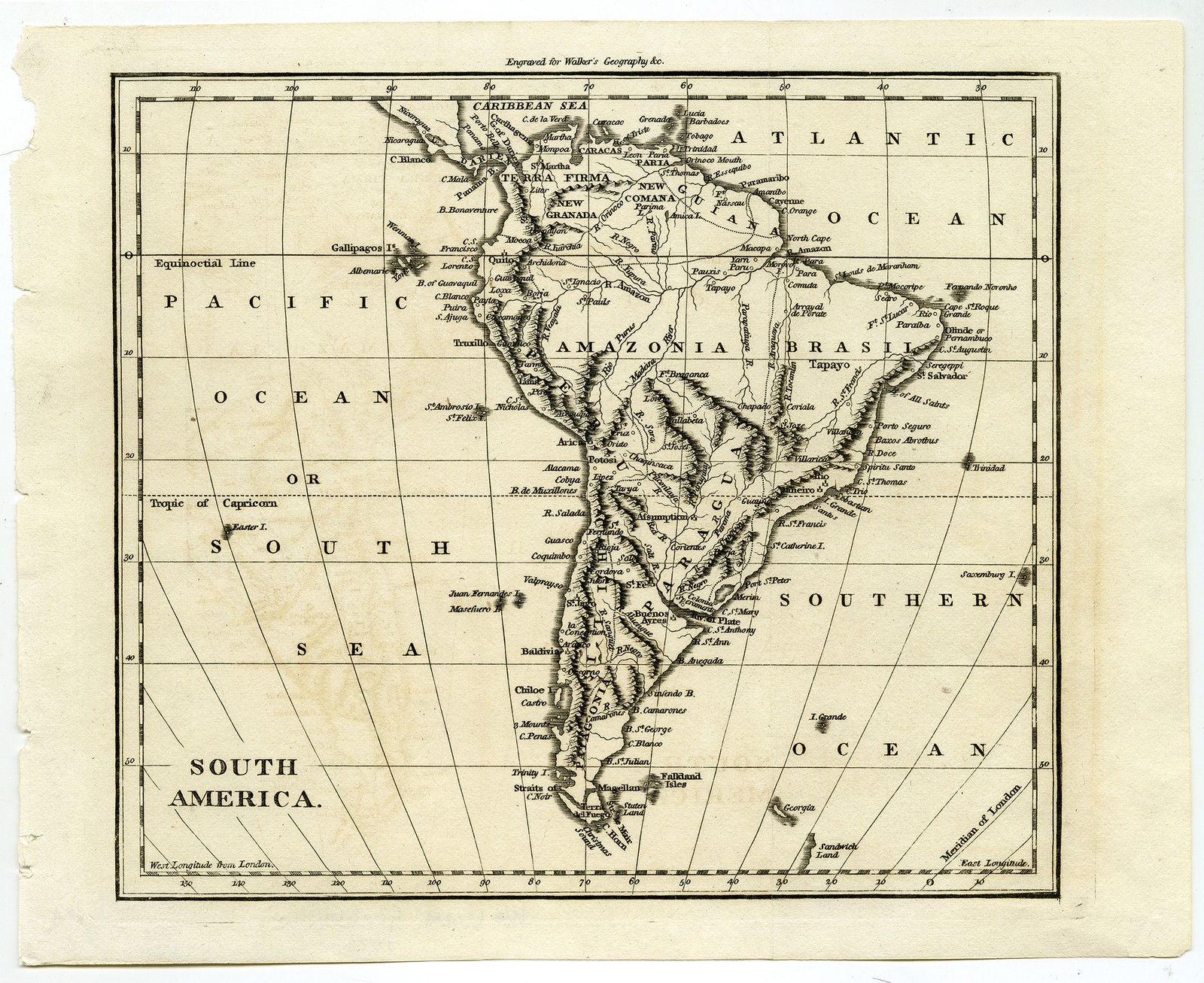 Antique Map-SOUTH AMERICA-BRASIL-CHILI-PERU-Walker-1810