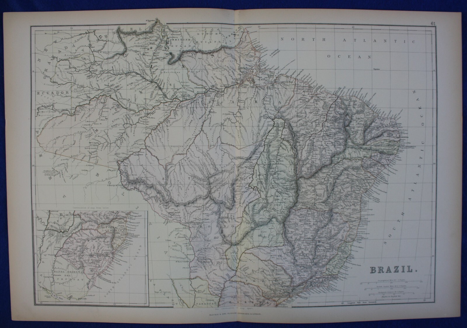 BRAZIL, SOUTH AMERICA, original antique map, Blackie, 1884