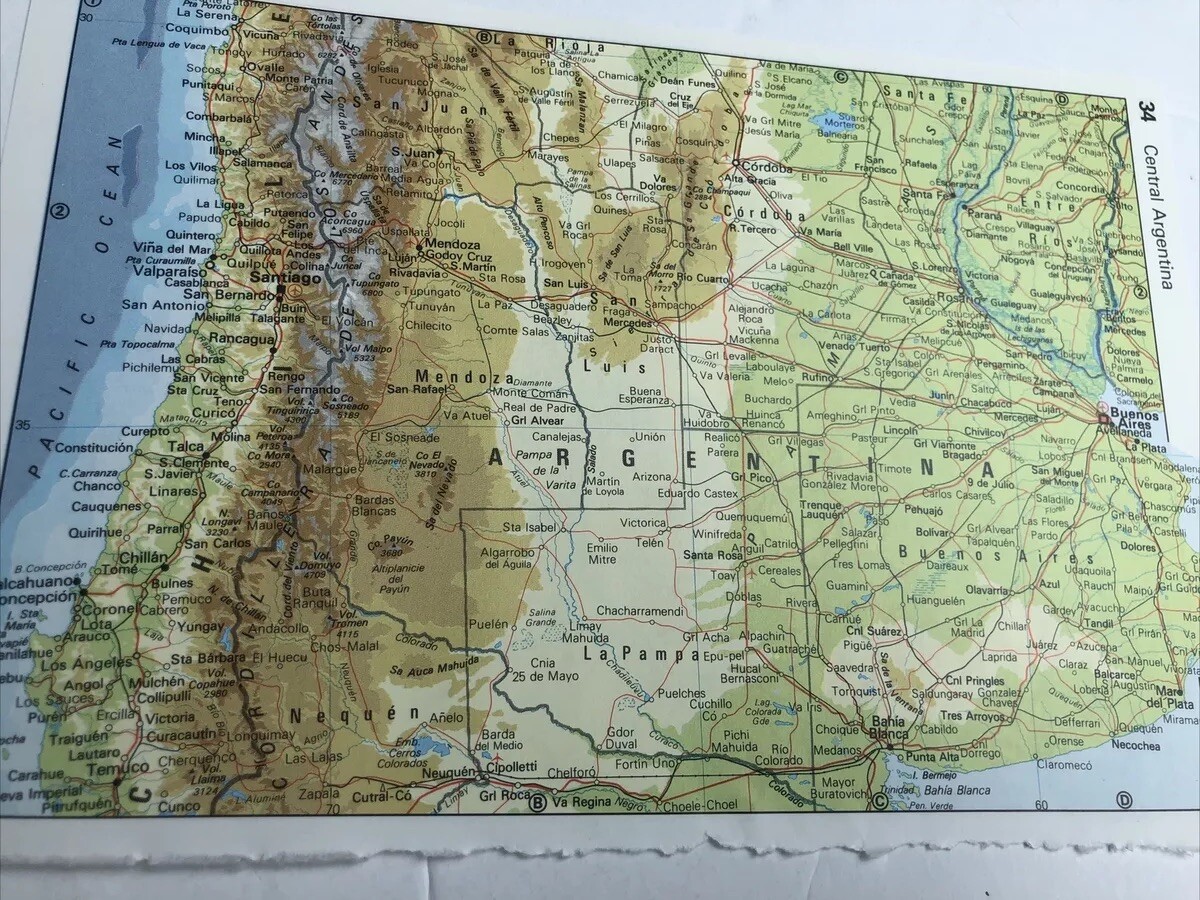Map Of Central Argentina Physical Print 1996 TA Bartholomew Times #34 B