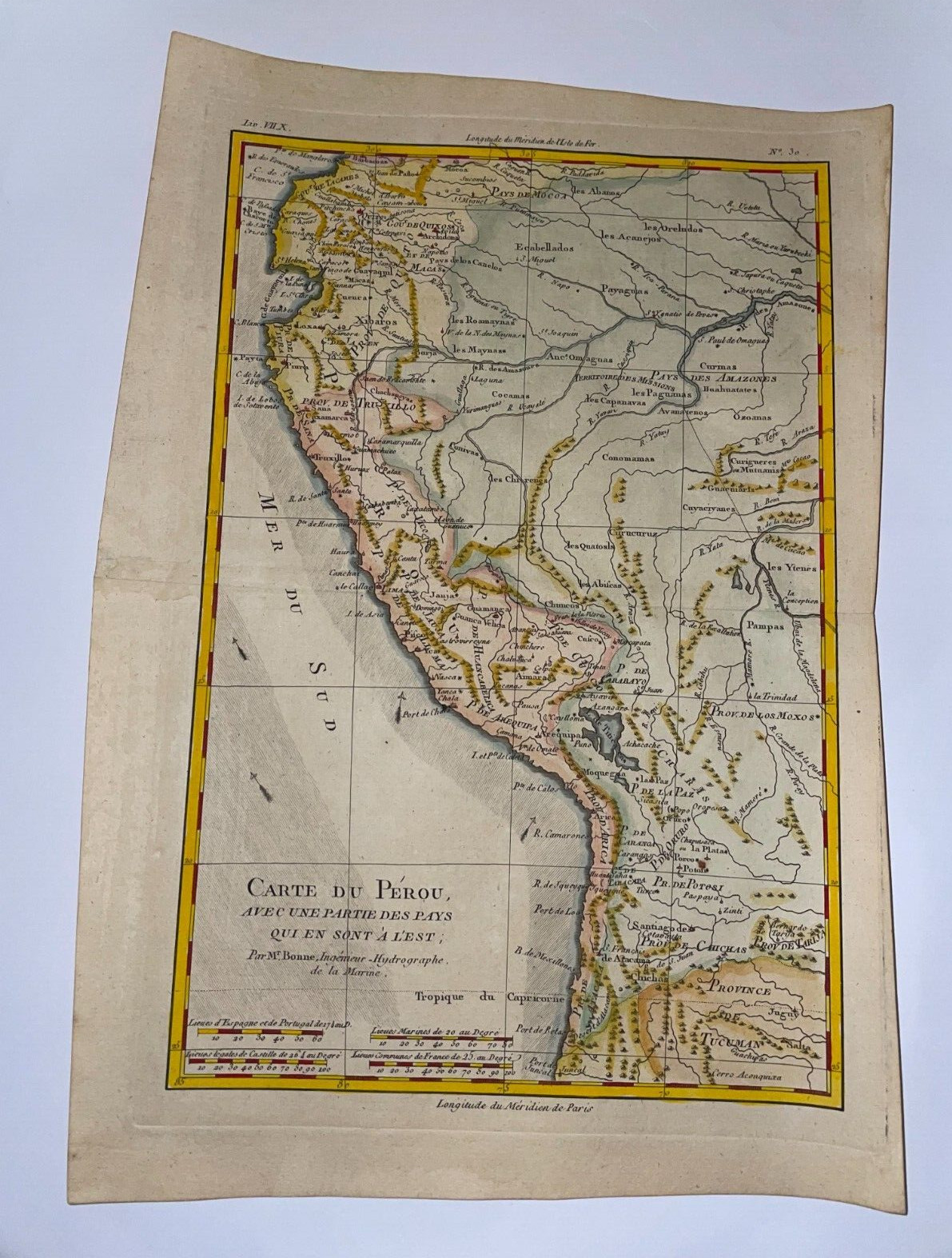 PERU BRAZIL 1780 RIGOBERT BONNE ANTIQUE ENGRAVED MAP 18TH CENTURY IN COLORS