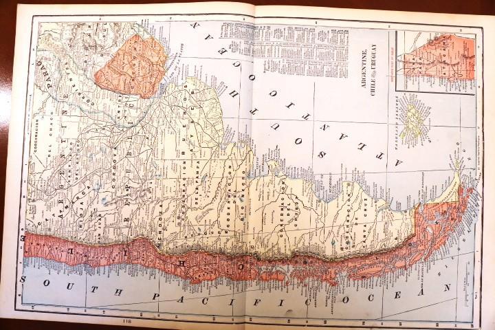 1892 ANTIQUE CRAM ATLAS MAP OF ARGENTINA, CHILE, URUGUAY-EXCELLENT DETAIL