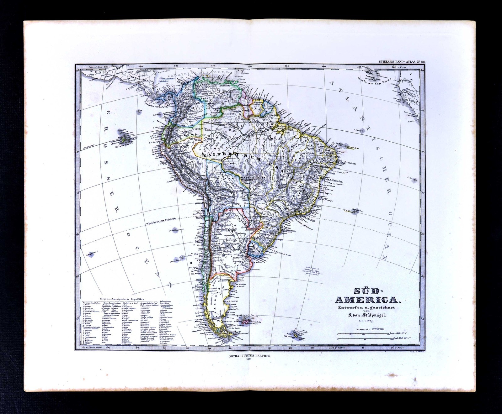1876 Stulpnagel Map – South America – Kingdom of Brazil Peru Argentina Colombia