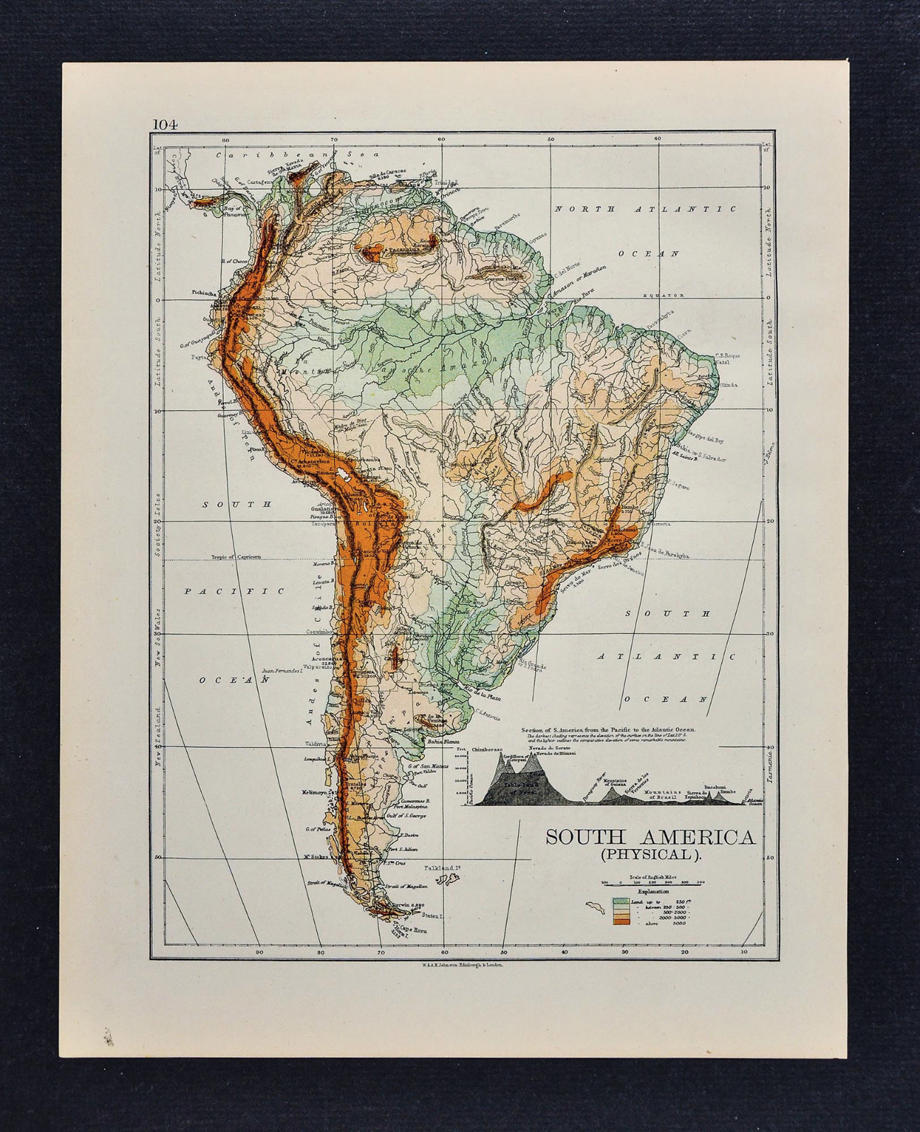 1895 Johnston Map – South America Political & Physical Brazil Peru Argentina