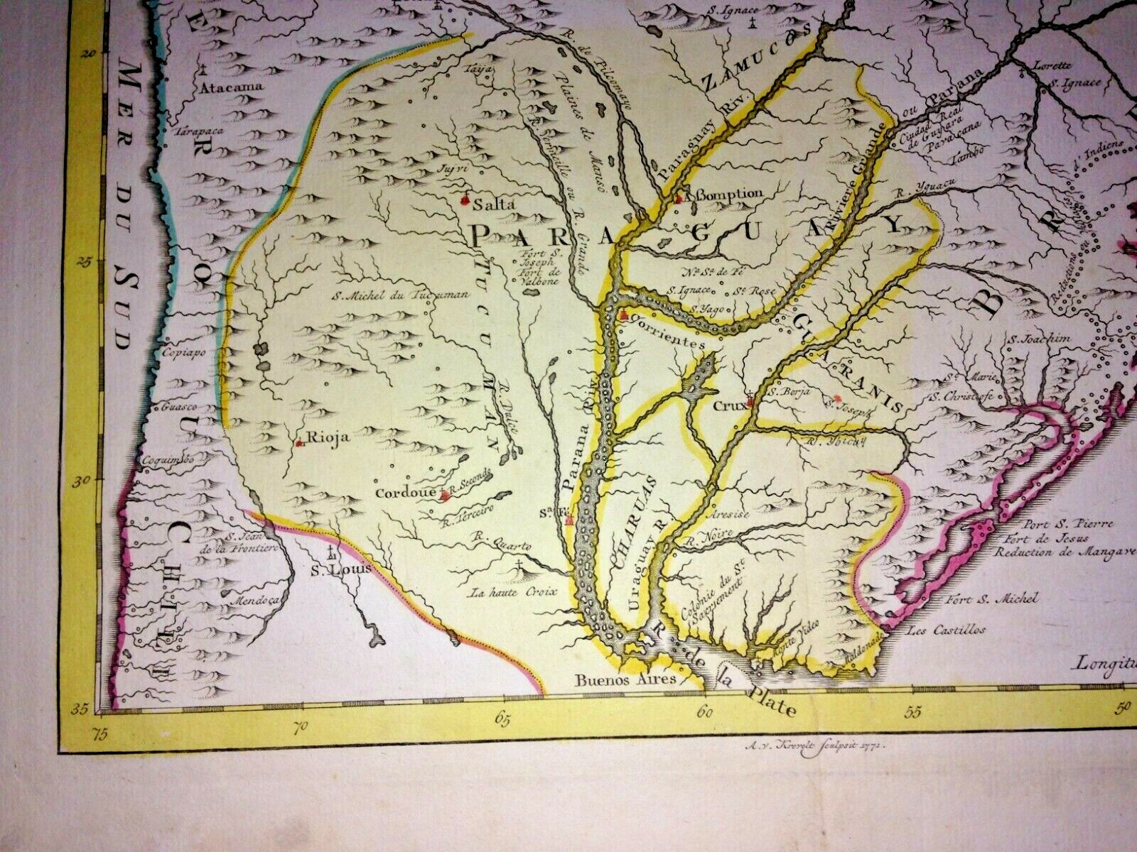 PARAGUAY BUENOS AYRES 1771 NICOLAS BELLIN ANTIQUE MAP OLD COLORS 18TH CENTURY