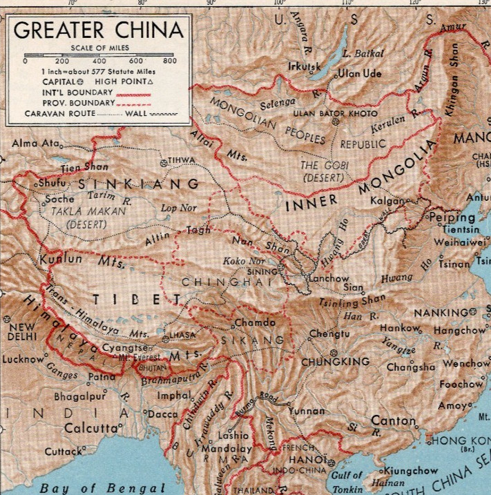 Greater China Asia Highlands Rivers & Coasts Small Vintage Map 1922–1948 Print