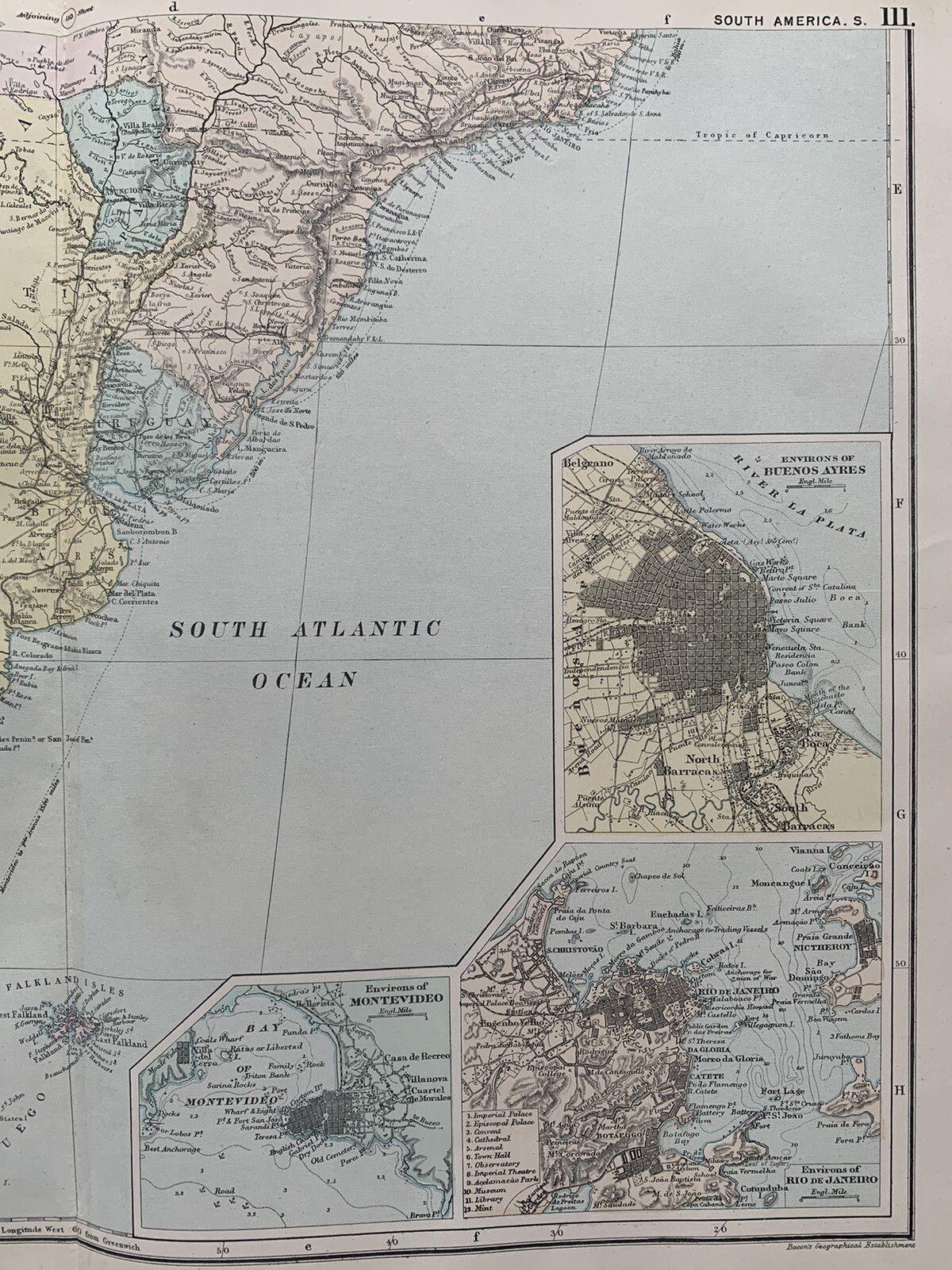 1891 Argentina, Chile, Uruguay, Paraguay Hand Coloured Antique Map by G.W. Bacon
