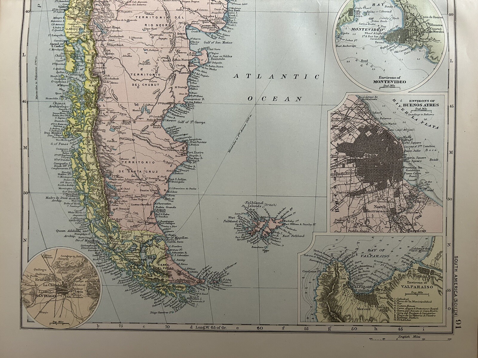 1893 Argentina, Chile, Uruguay & Paraguay Antique Map by G.W. Bacon