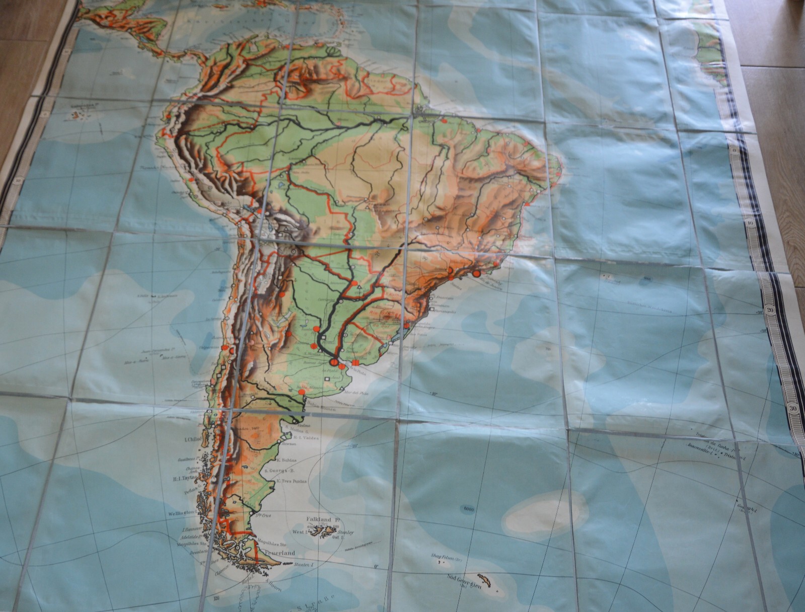 Large Vintage Old German Wall Chart or Poster South America Map H.Harms Original