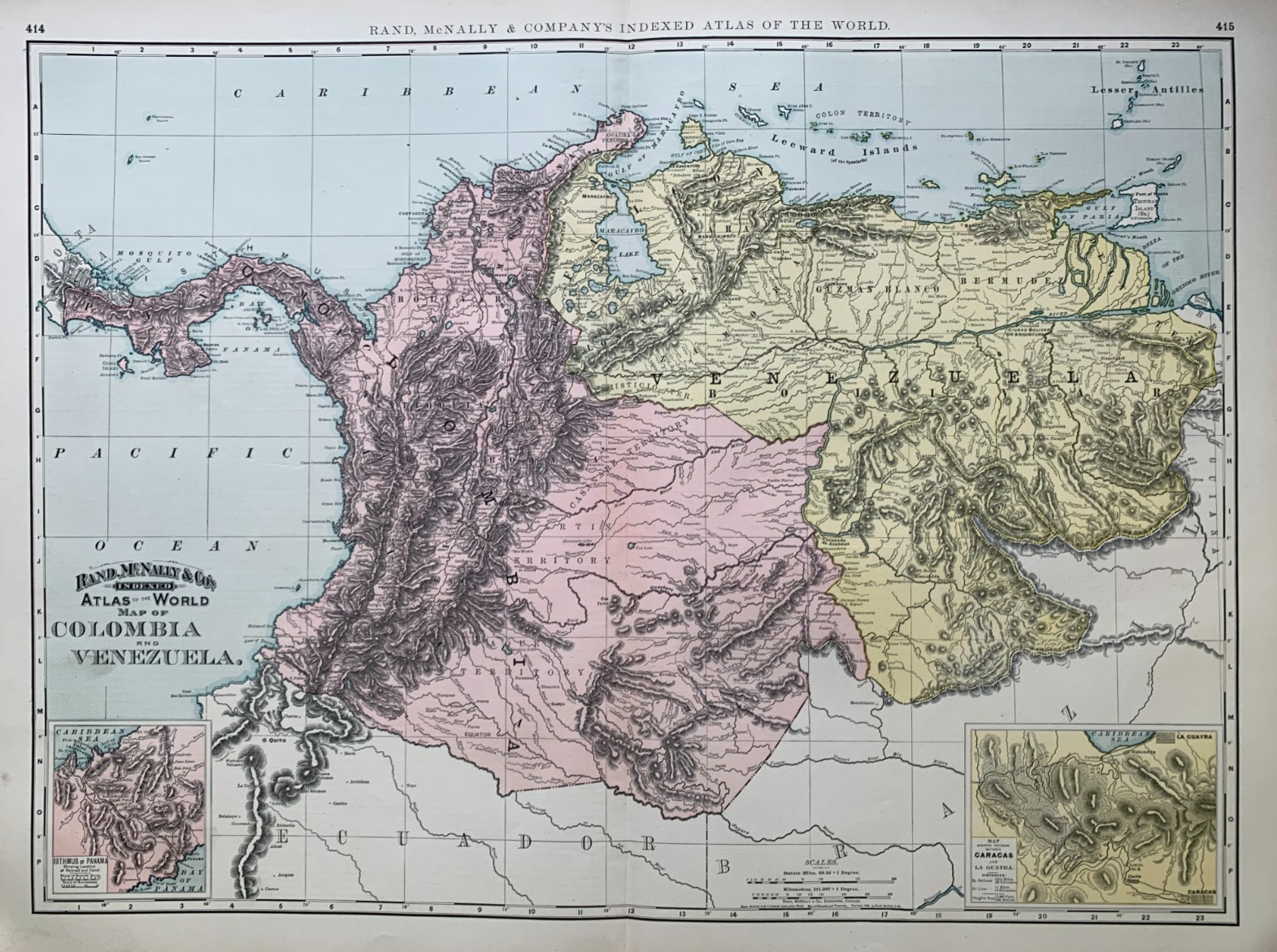 Map of COLOMBIA & VENEZUELA from 1893 INDEXED ATLAS OF THE WORLD Rand-McNally