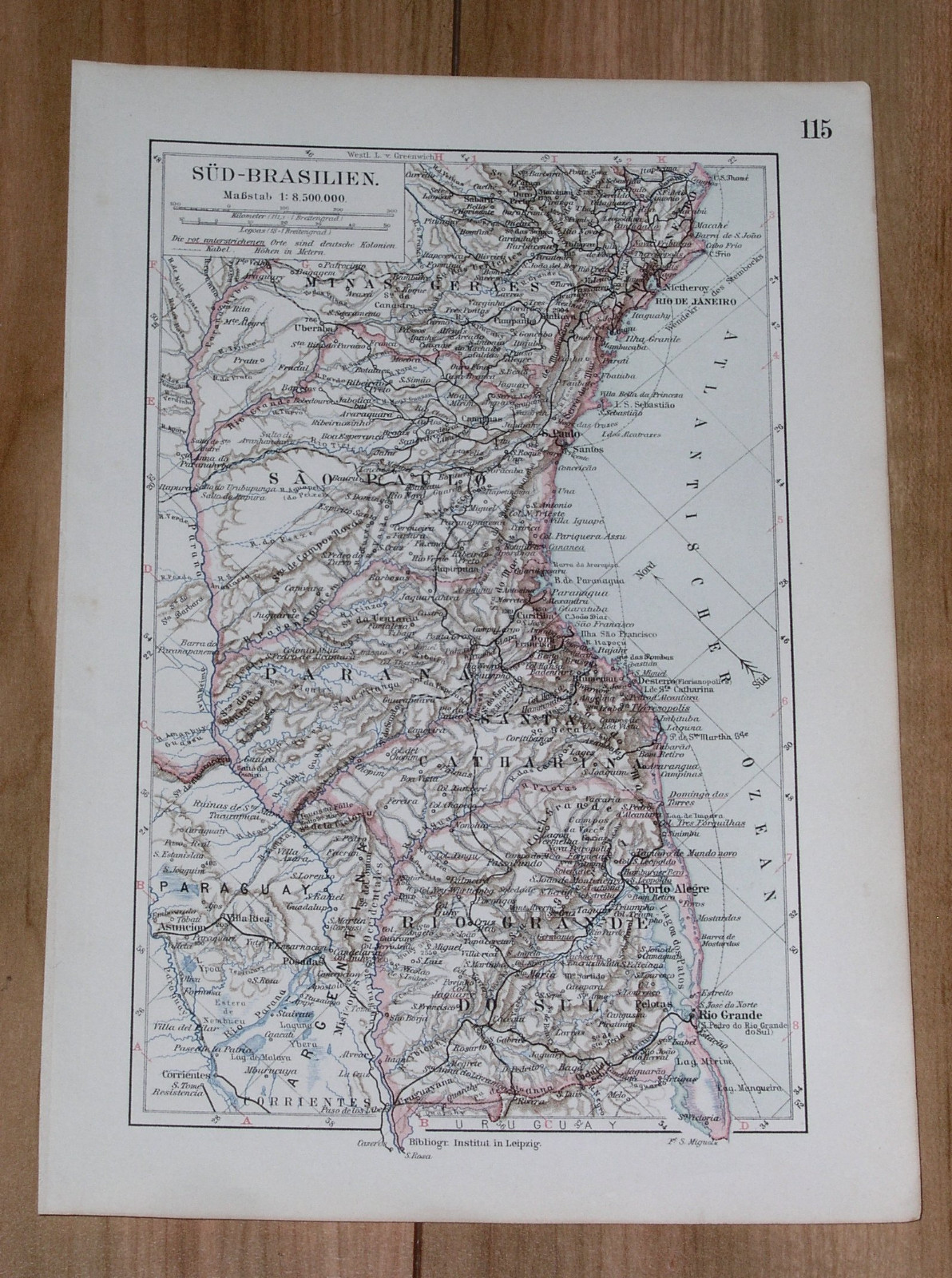 1899 ORIGINAL ANTIQUE MAP OF SOUTHERN BRAZIL / SOUTH AMERICA
