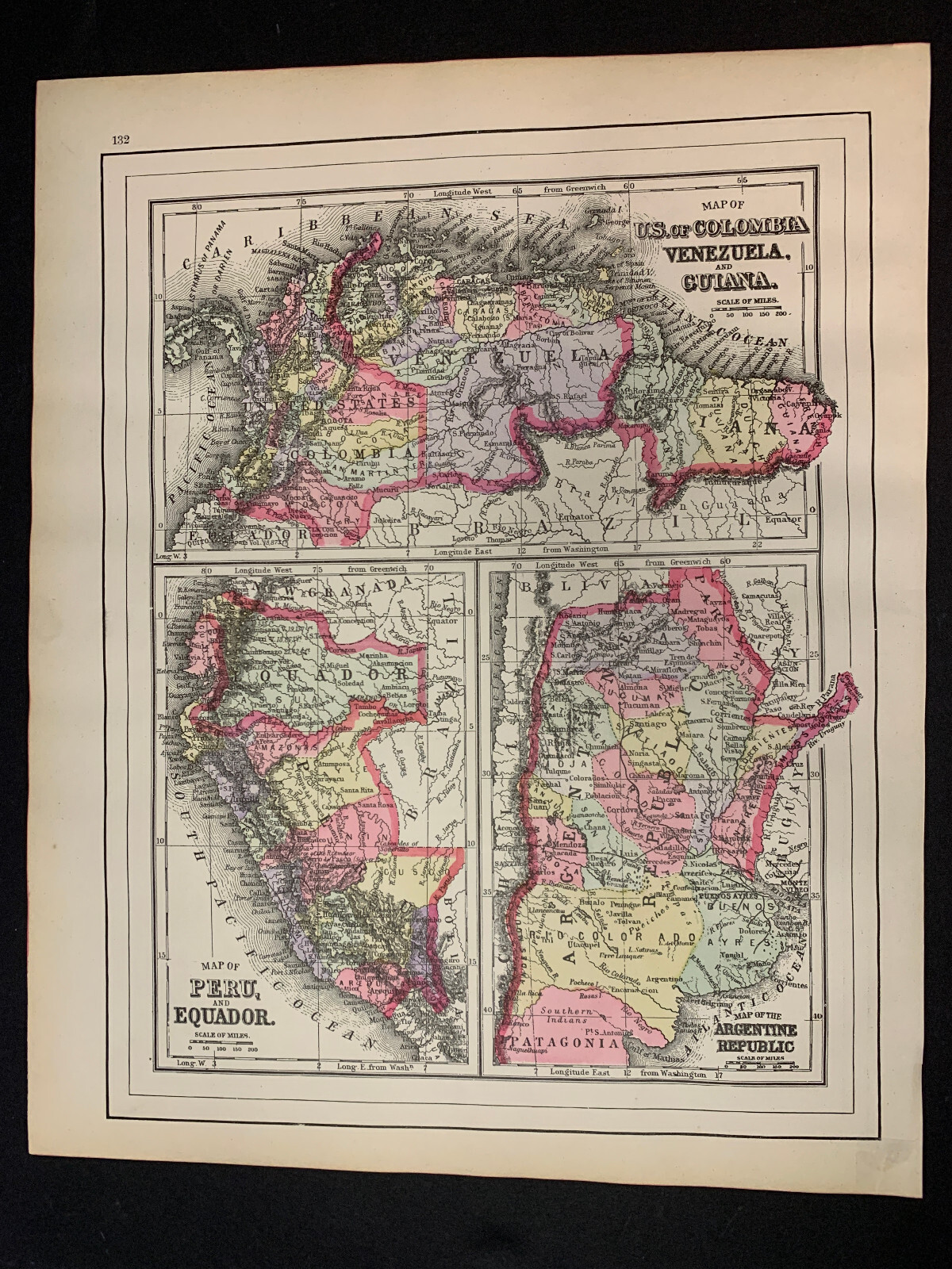 Vintage MAP SOUTH AMERICA, COLUMBIA, PERU, ECUADOR, ARGENTINA – 1894 A. L. Smith