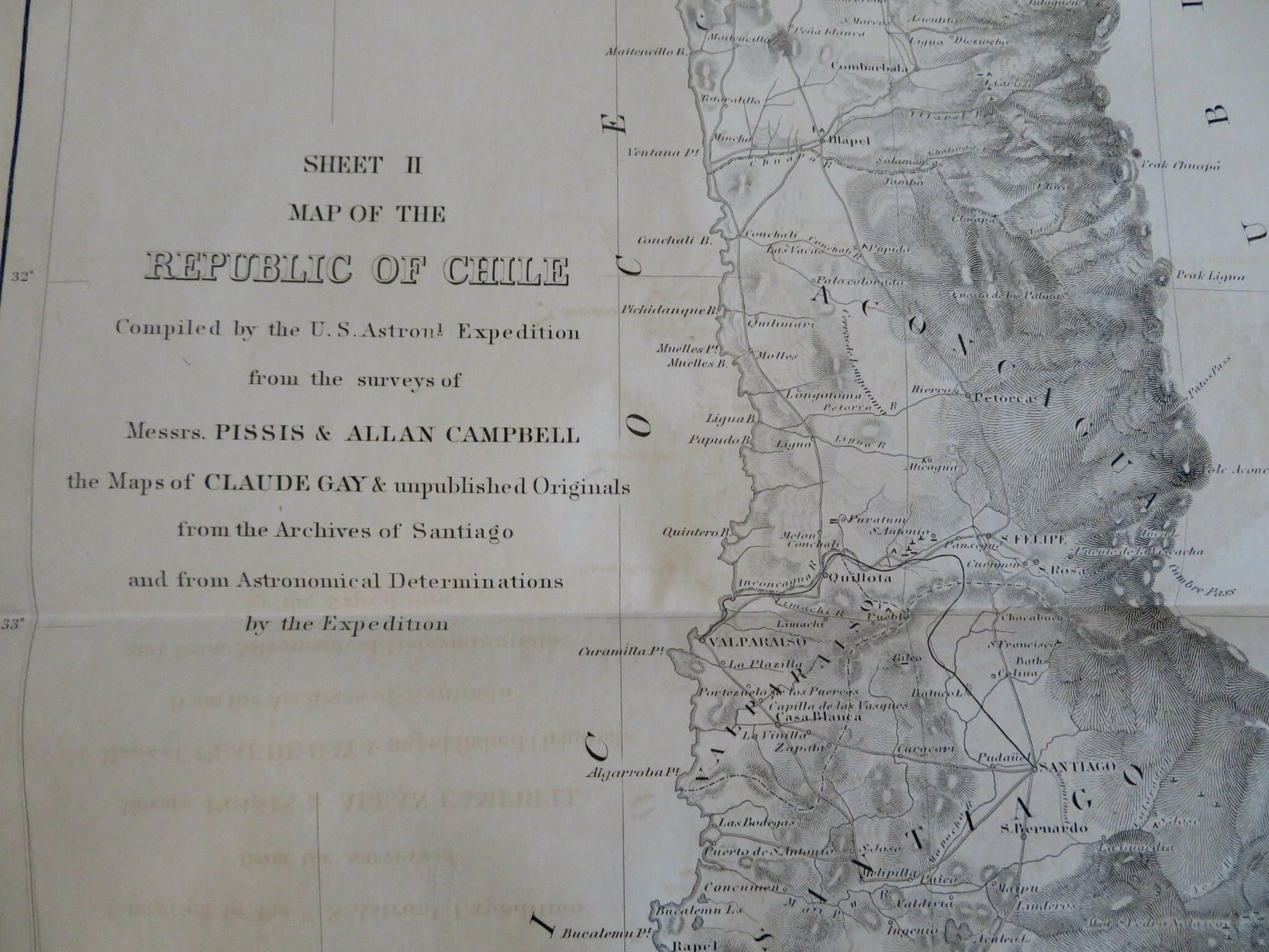 Republic of Chile 1855 Northern Portion Gold Mines Railroads engraved map