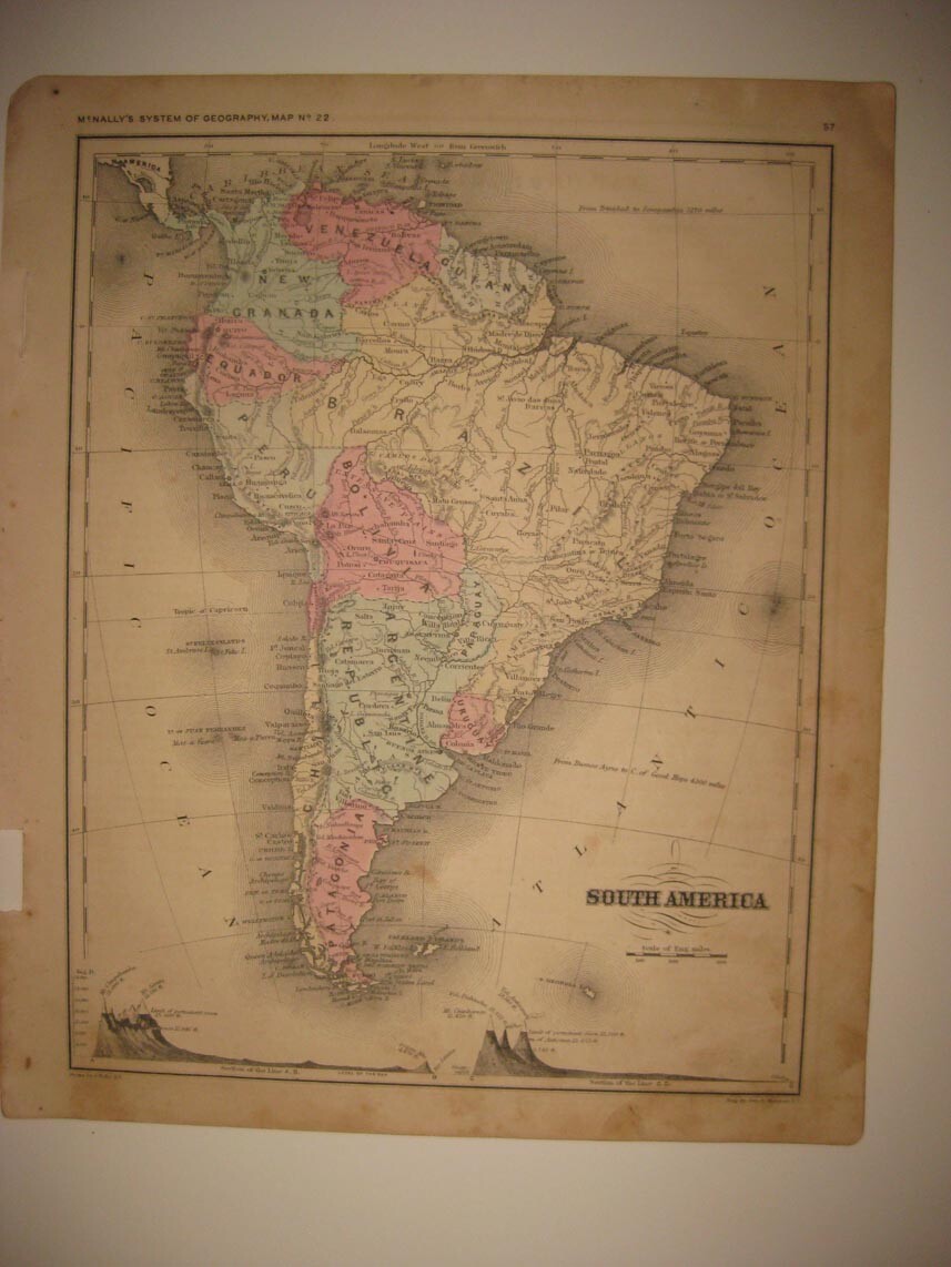 ANTIQUE 1863 SOUTH AMERICA HANDCOLORED MAP ARGENTINA BRAZIL MOUNTAIN PATAGONIA