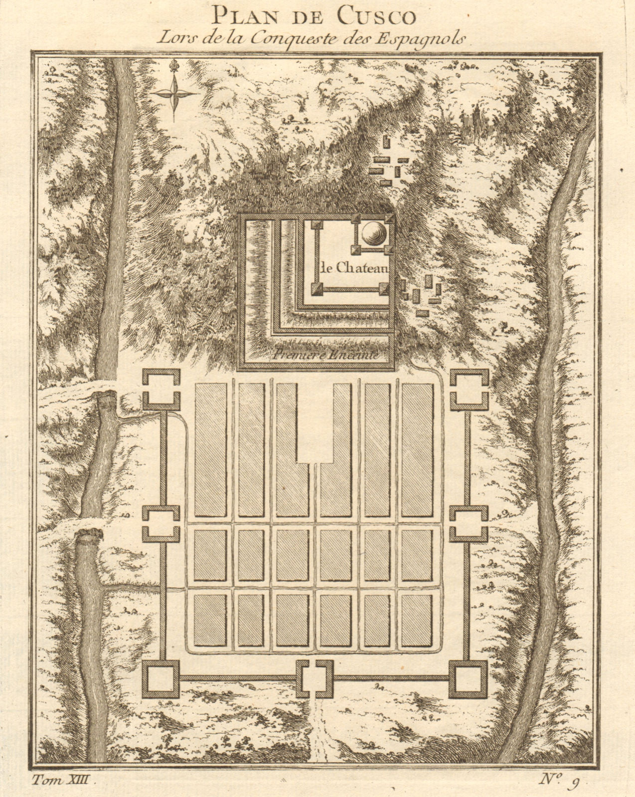 ‘Plan de Cusco’. City plan of Cusco, Peru. BELLIN 1756 old antique map chart
