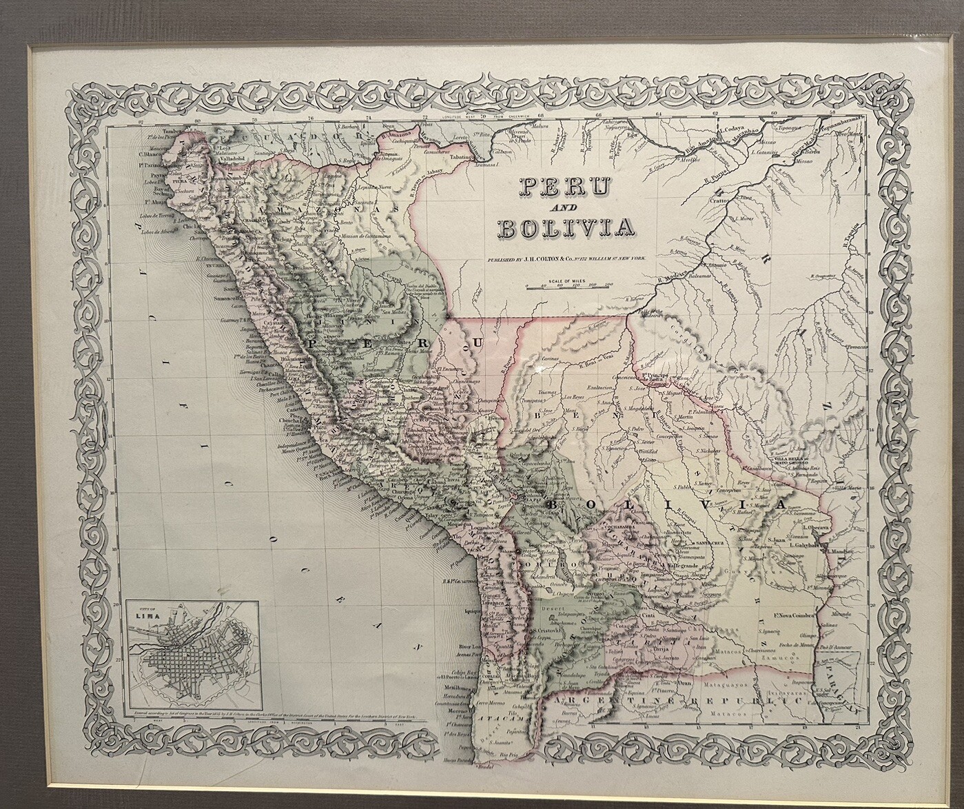 1855 Antique Colton Atlas Map of Peru and Bolivia with inset map of Lima.