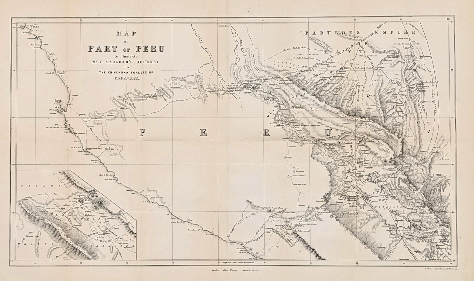 1862 PERU – Markham’s Journey Map CHINCHONA FORESTS OF CARAVAYA – Original