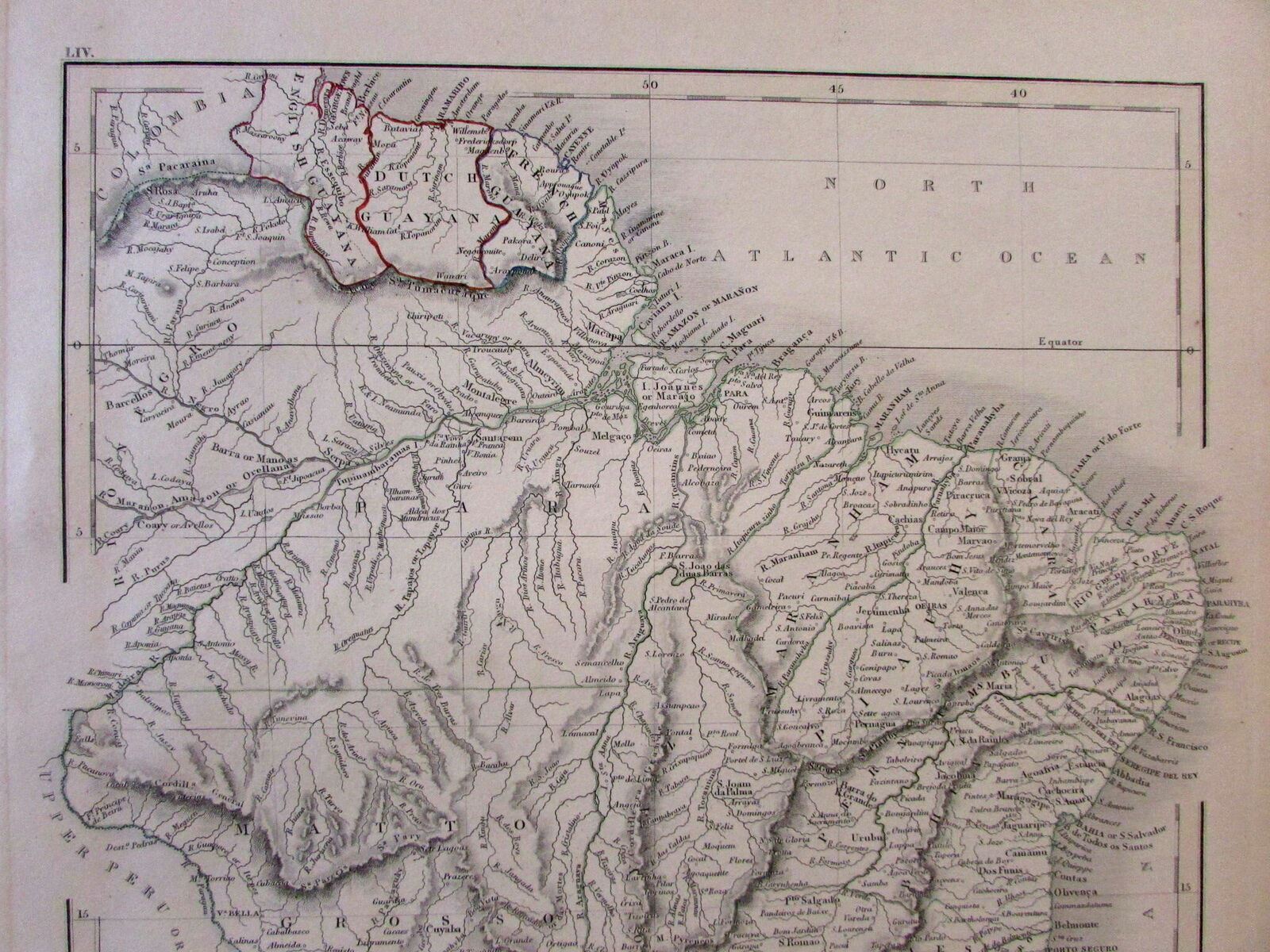 Brazil South America Guyana 1844 Sidney Hall engraved antique map hand color