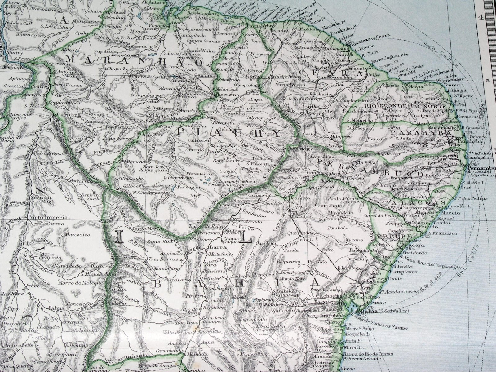 1908 ANTIQUE MAP OF EASTERN BRAZIL / PARAGUAY / SOUTH AMERICA