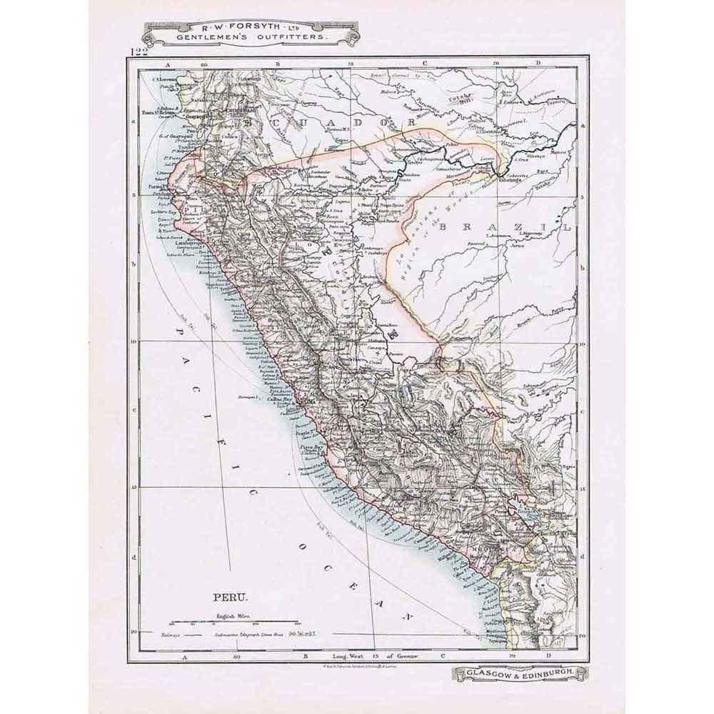 PERU Antique Map c1912 by W&AK Johnston