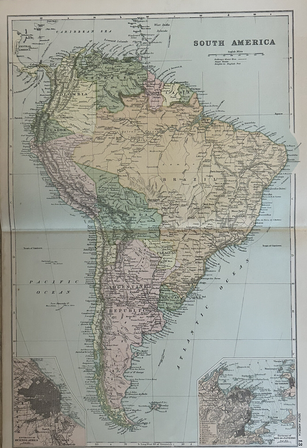 1893 South America with inset of Rio De Janeiro & Buenos Aires Antique Map