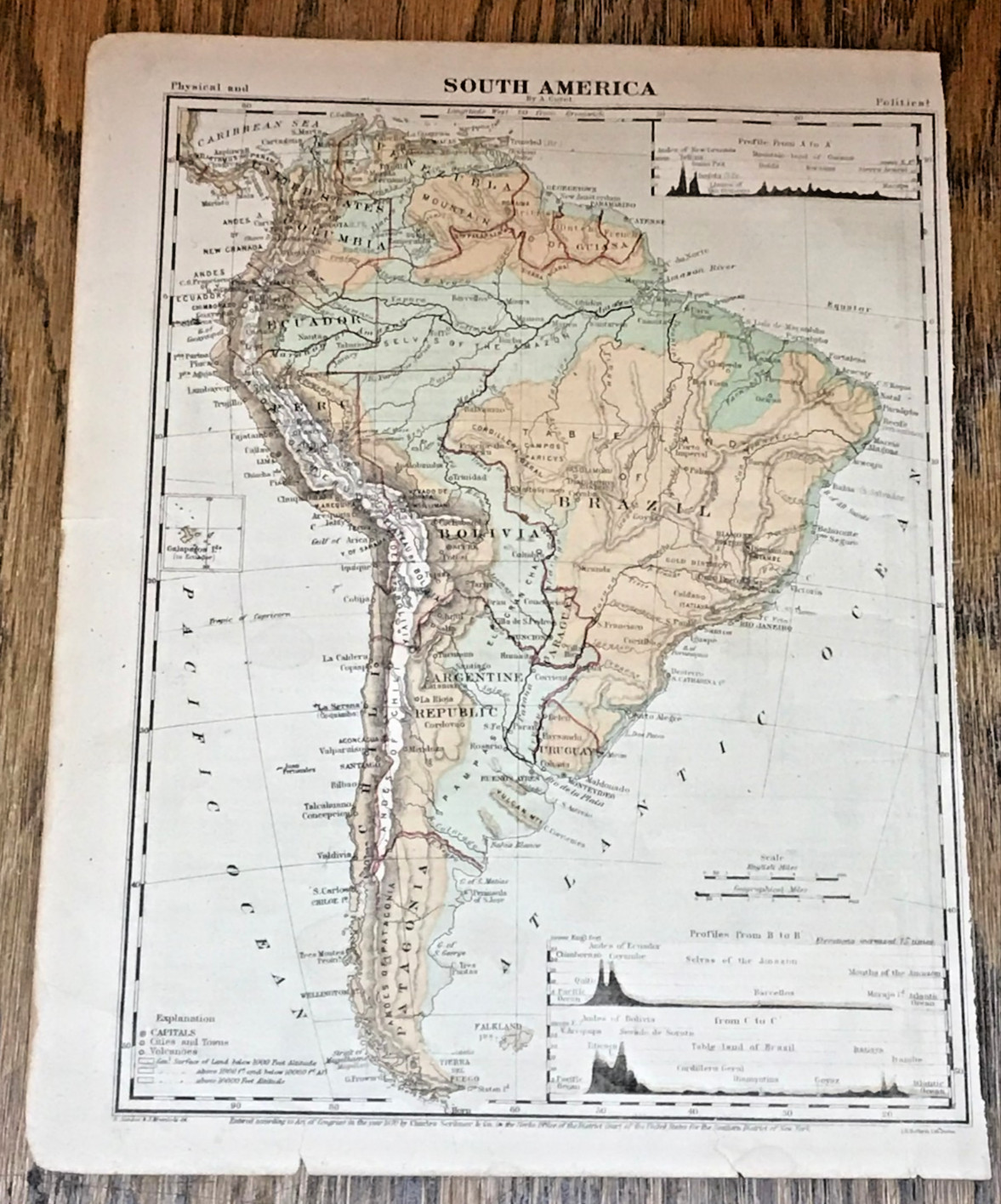 ANTIQUE 1870 SCRIBNER GEOGRAPHY ATLAS COLOR MAP OF SOUTH AMERICA