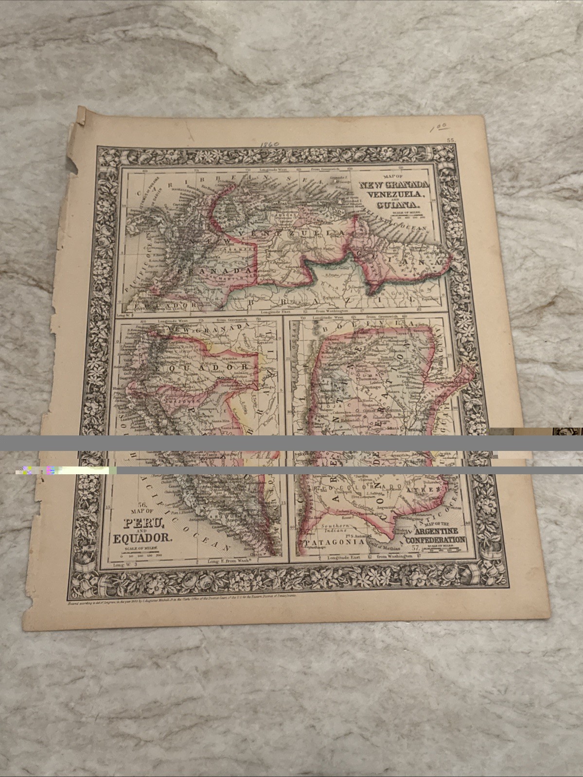 Antique c. 1860 Peru Ecuador New Granada Venezuela Guiana Mitchell Map 12.5×15.5