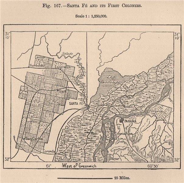 Santa Fe and its first Colonies. Argentina 1885 old antique map plan chart