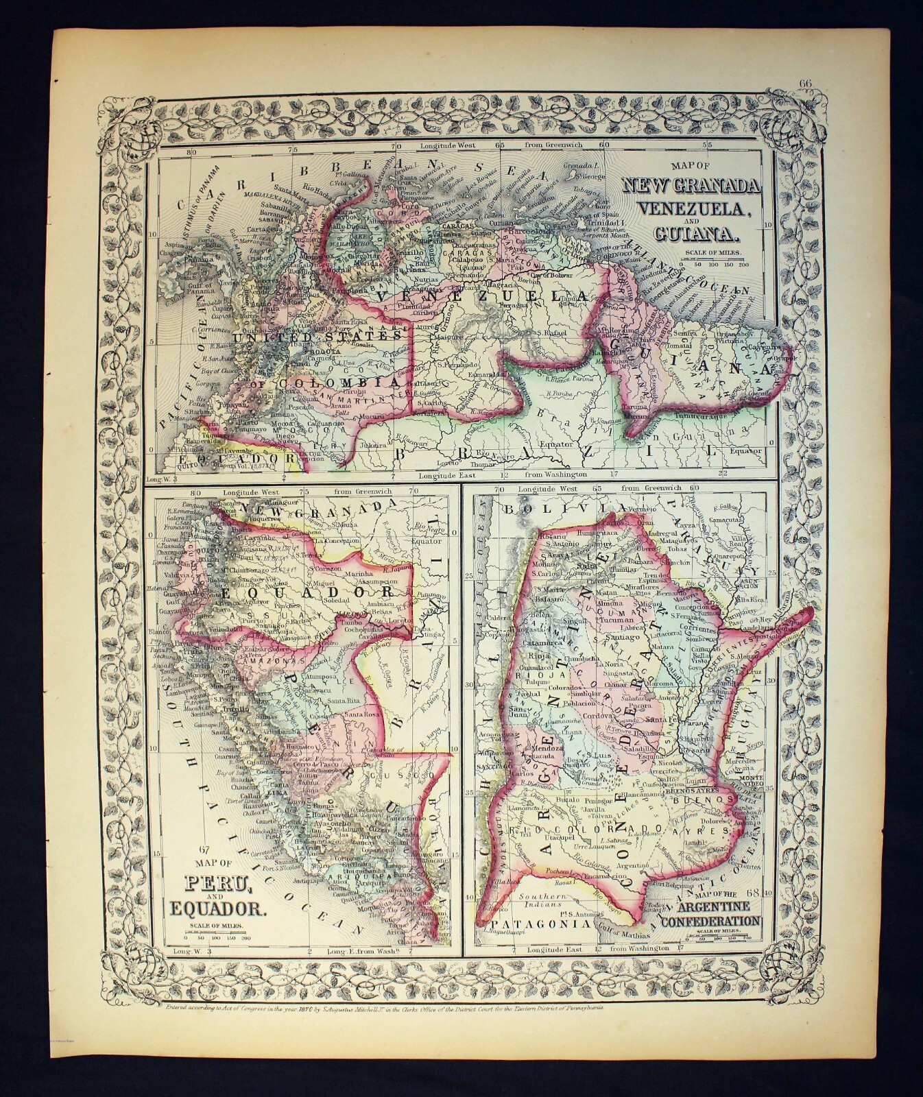 Antique 1870 Color Map Venezuela Guiana Peru Equador New Granada Argentine Conf