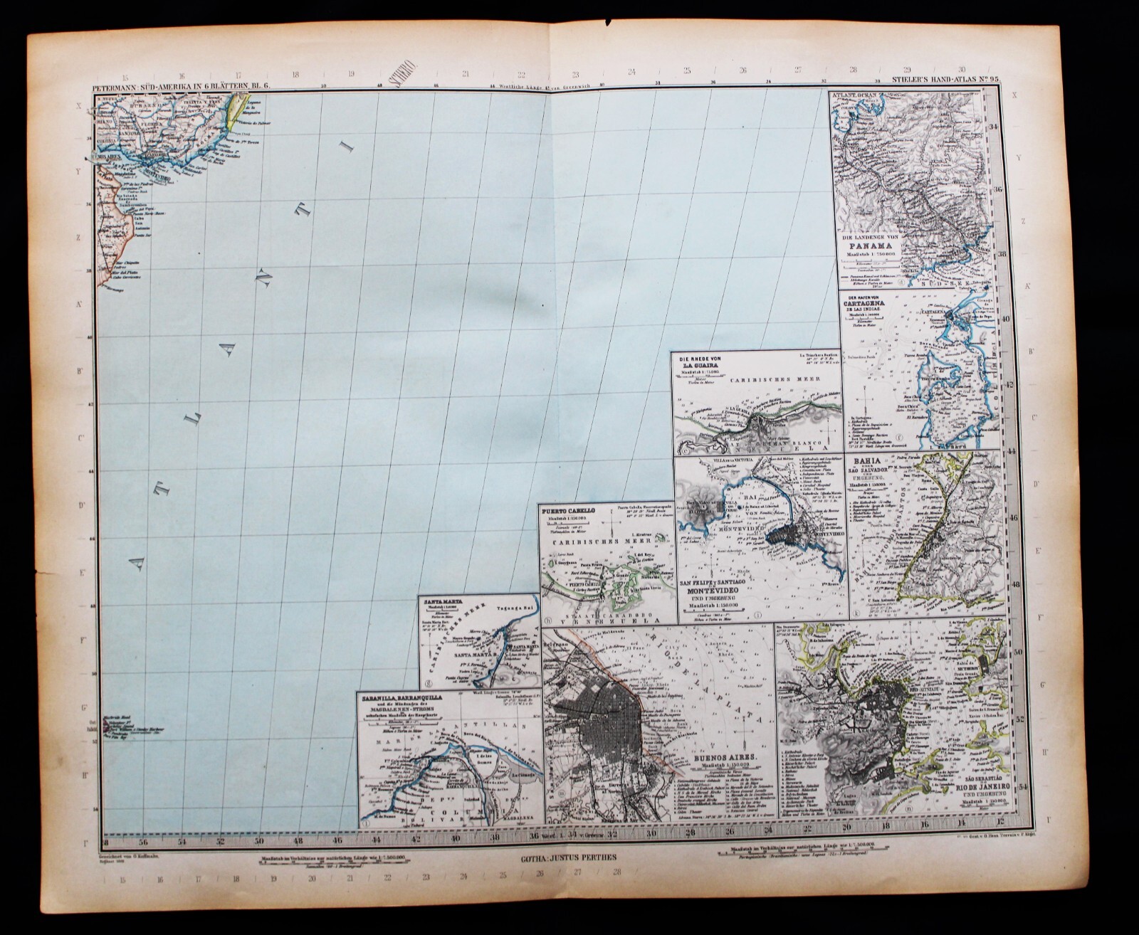 STIELERS HAND ATLAS WORLD MAP PLATE PAGE NO.95 CITIES OF SOUTH AMERICA 1888