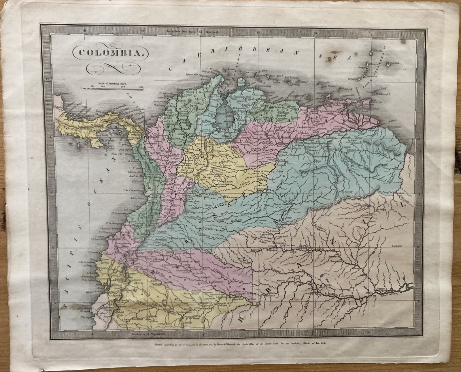 DAVID BURR-Original Hand Colored Map-1834-COLOMBIA-Illman & Pilbrow-Rare