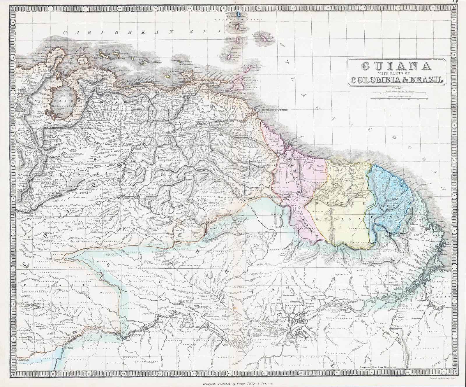 1851 Large antique Map GUIANA Guyana COLOMBIA BRAZIL Central South America (G…