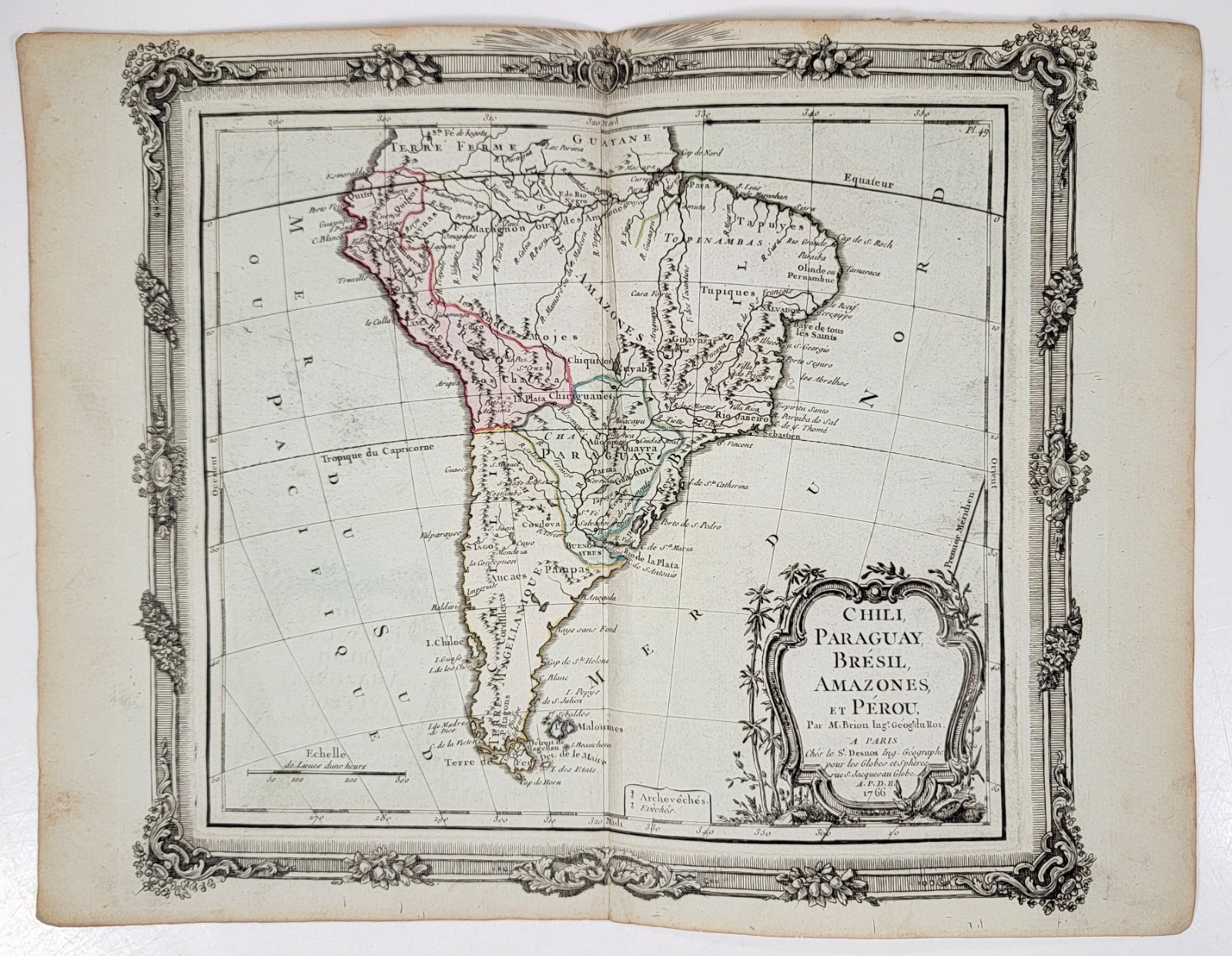 1766 South America Map Chile Brazil Peru Brion Decorative Border