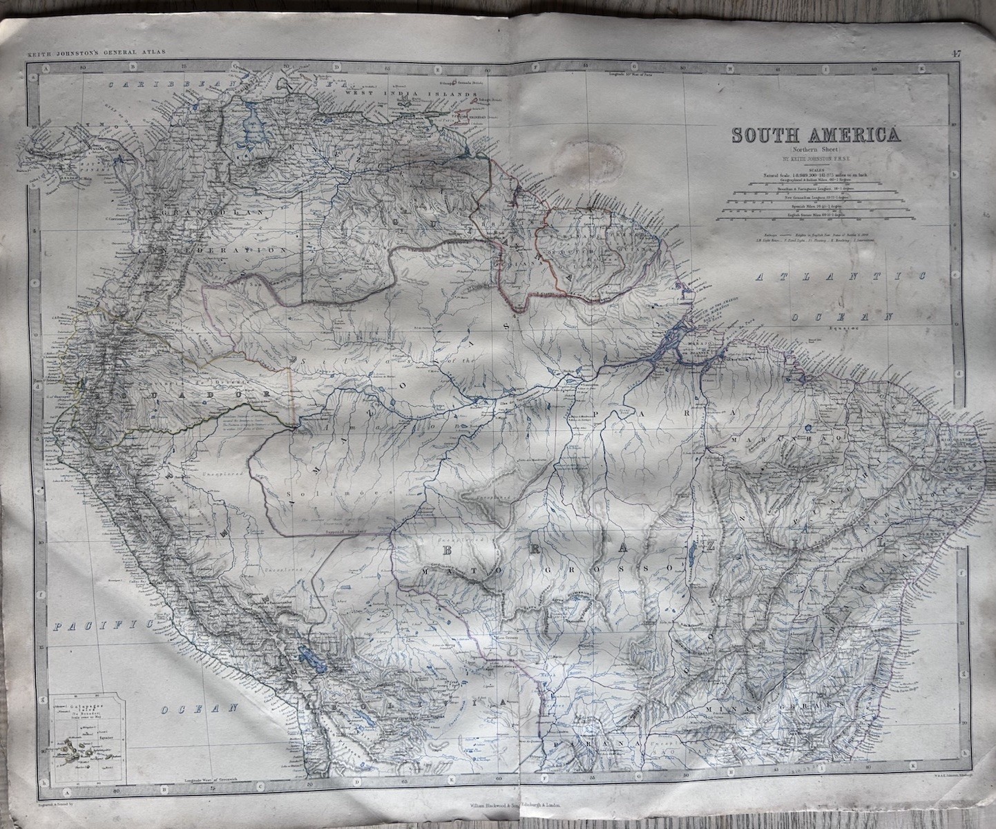 1865 South America (North) Large Hand Coloured Original Antique Map by Johnston
