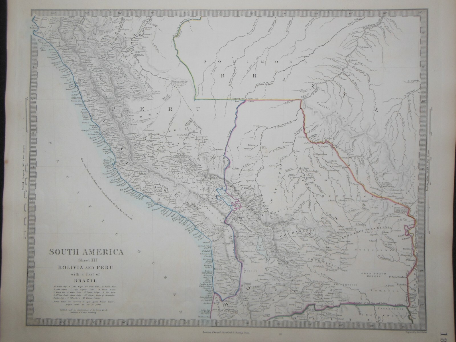 Hand Coloured c1845 Victorian SDUK Map of South America, Bolivia, Peru – 133