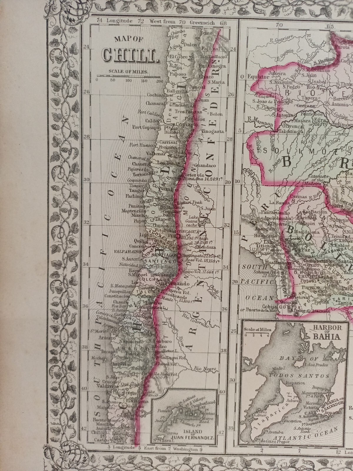 1873 Mitchell’s Atlas Map of Chile, Brazil, Bolivia, Paraguay, Uruguay Authentic