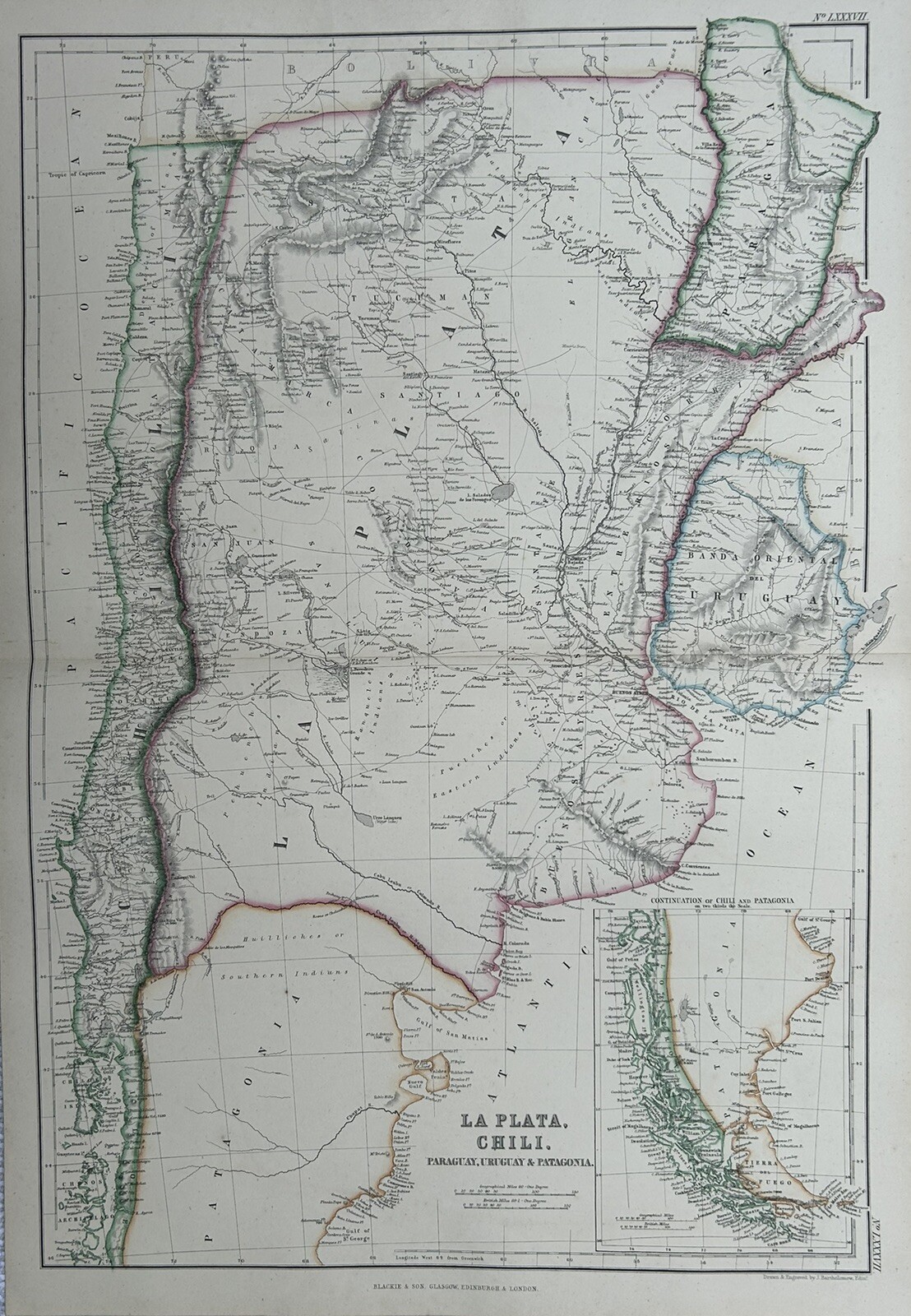 1860 La Plata, Chile, Patagonia Beautifully Hand Coloured Antique Map by Blackie