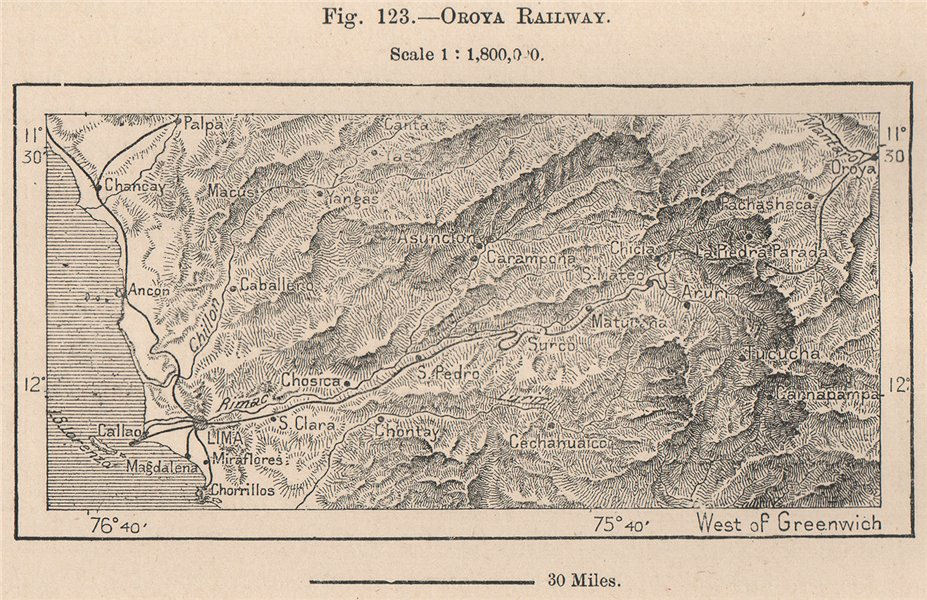Oroya Railway. Peru 1885 old antique vintage map plan chart
