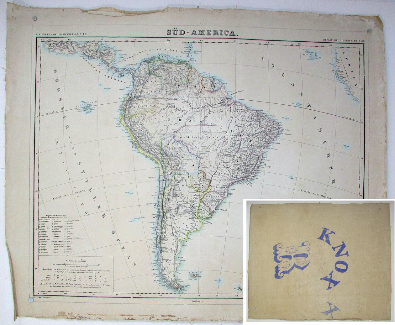 SOUTH AMERICA 1872 HEINRICH KIEPERT on Linen Handatlas 40 Antique Map 19×24