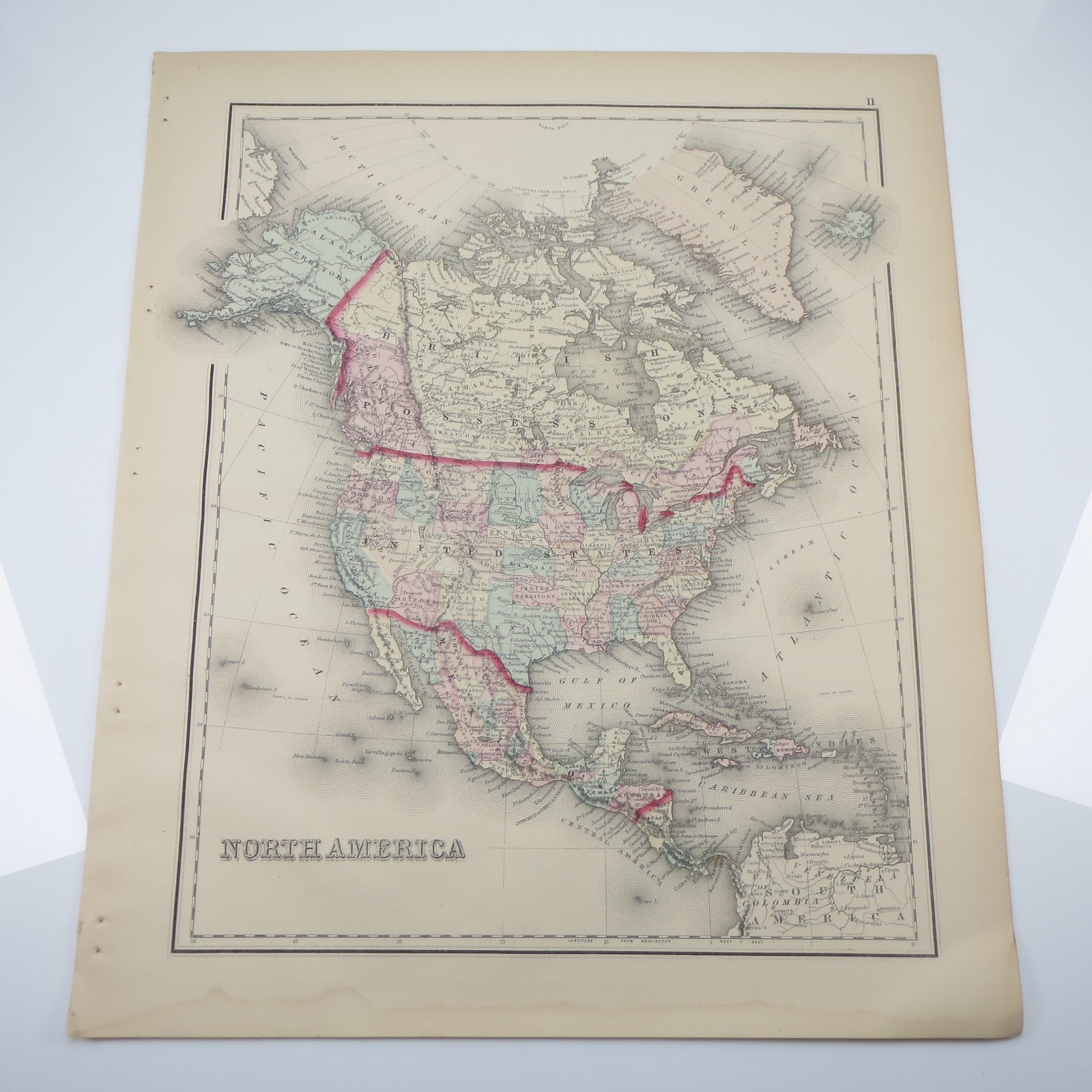 North & South America Original Antique 1876 Hand Colored Map Atlas Page