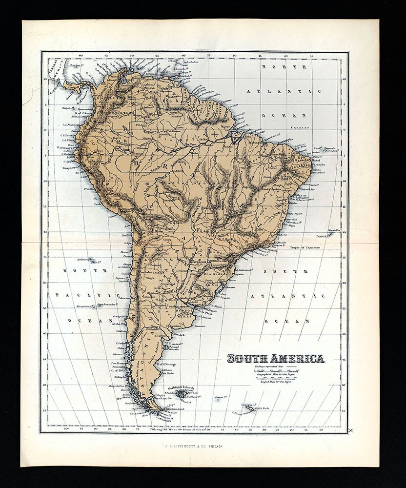 1869 Chambers Map South America Brazil Peru Chile Argentina Bolivia Colombia SA
