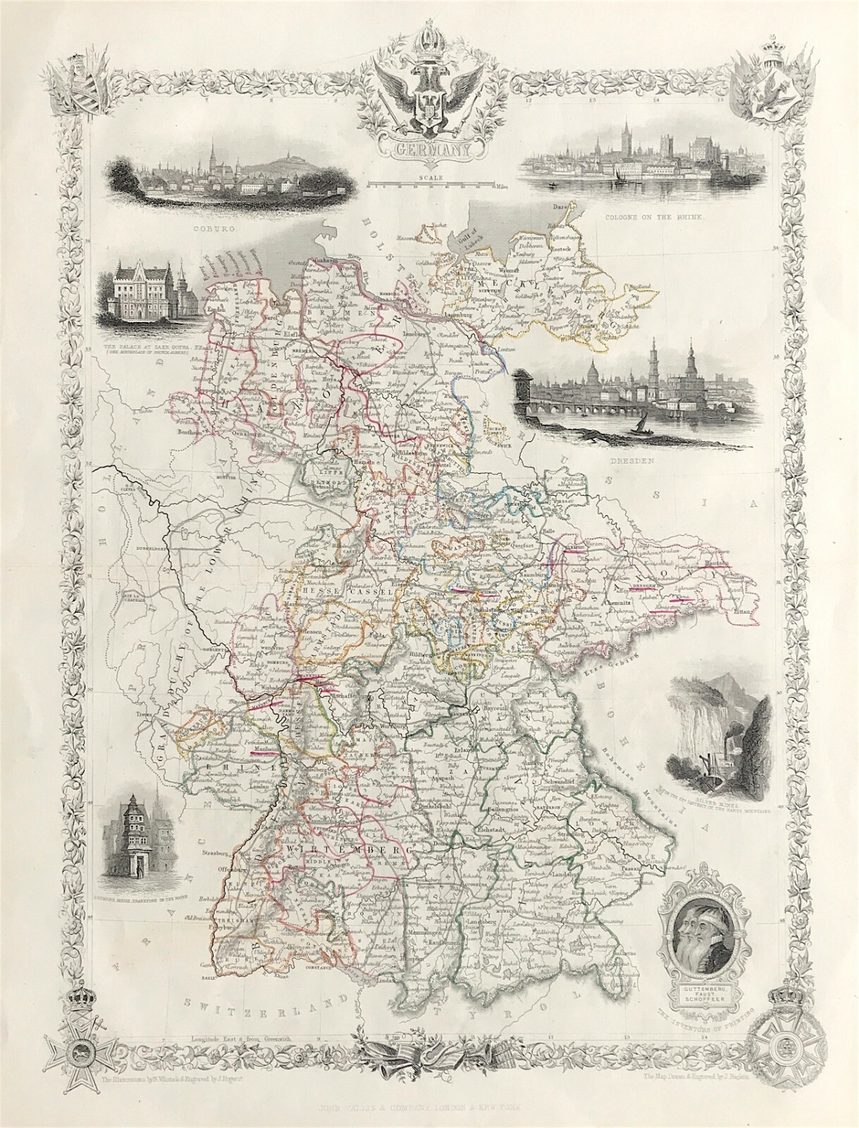Germany map by Tallis & Rapkin original, colour vignettes fine engraved c1851