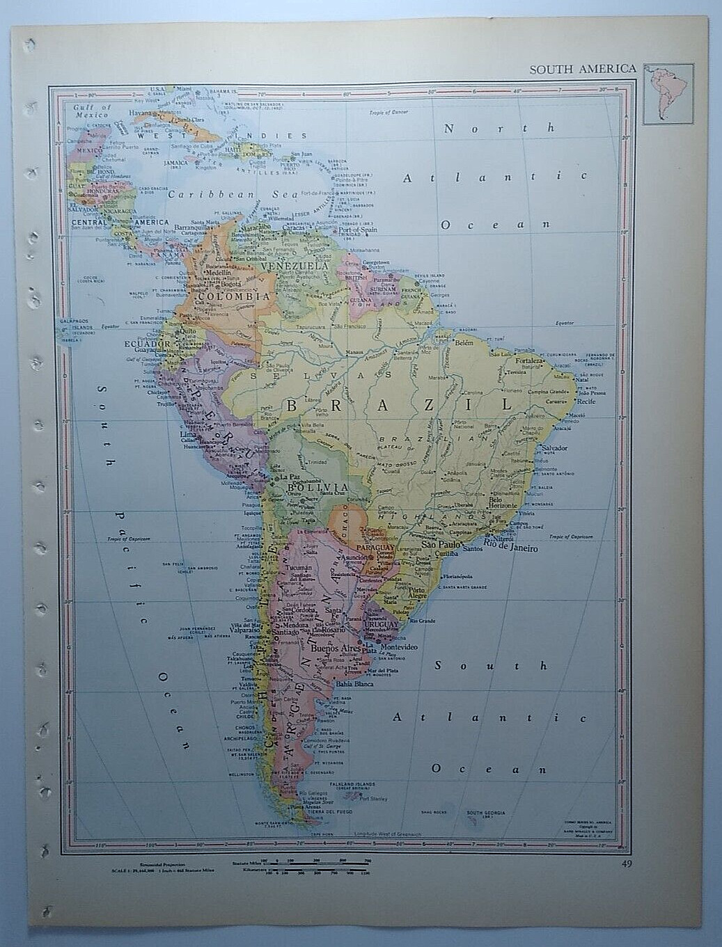 1957 Antique SOUTH AMERICA Atlas Map Vintage Encyclopedia Britannica World Atlas