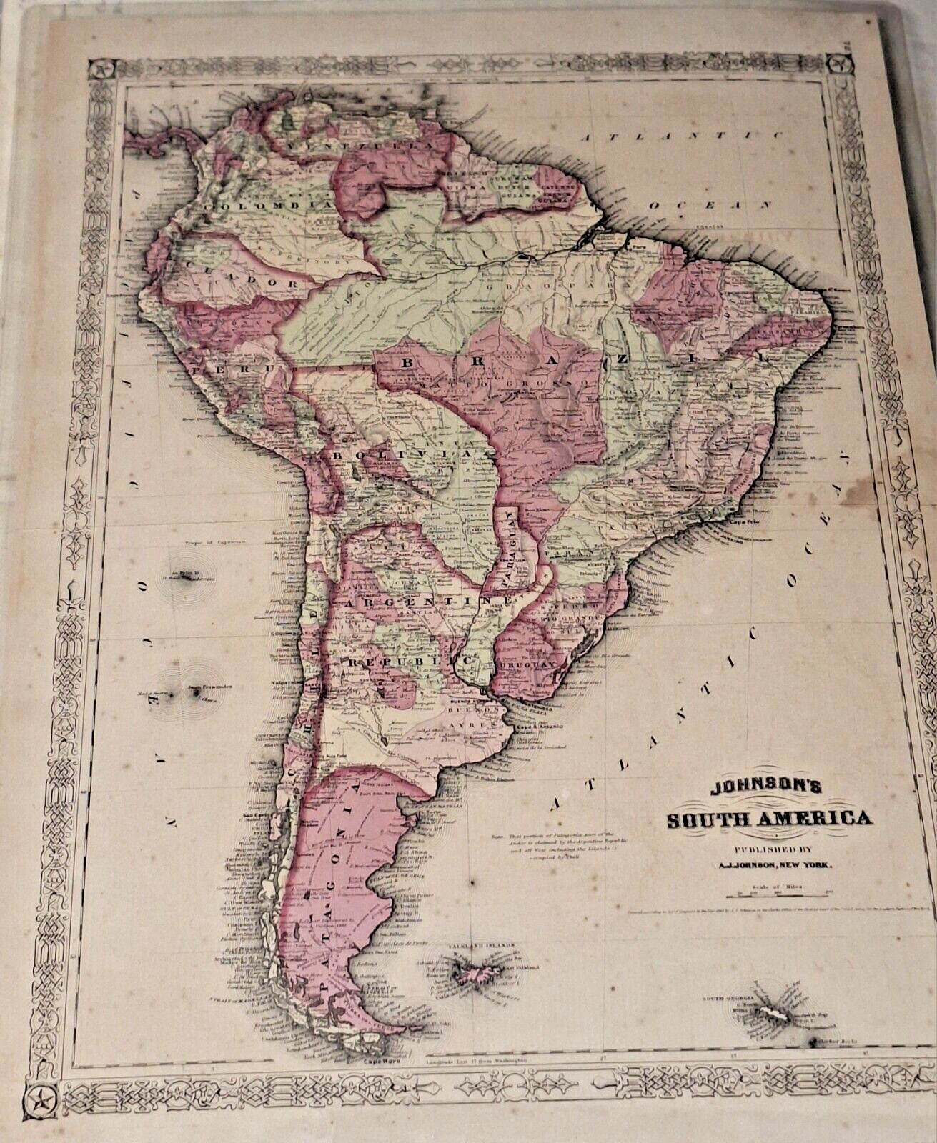 Fine 1863 Johnson’s Antique Map South America Hand Painted
