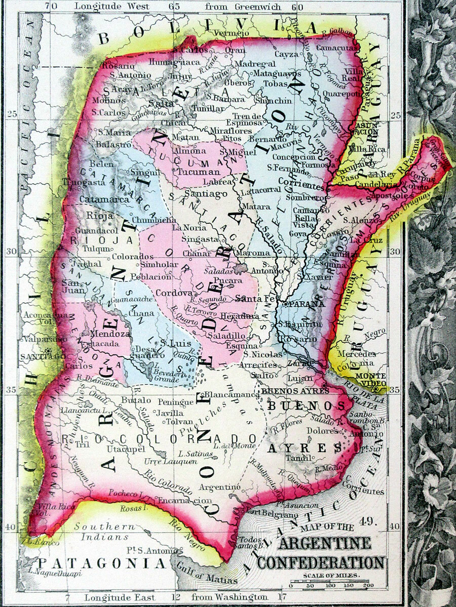 1860 PERU ECUADOR VENEZUELA ARGENTINA, MITCHELL ANTIQUE HAND-COLORED MAP